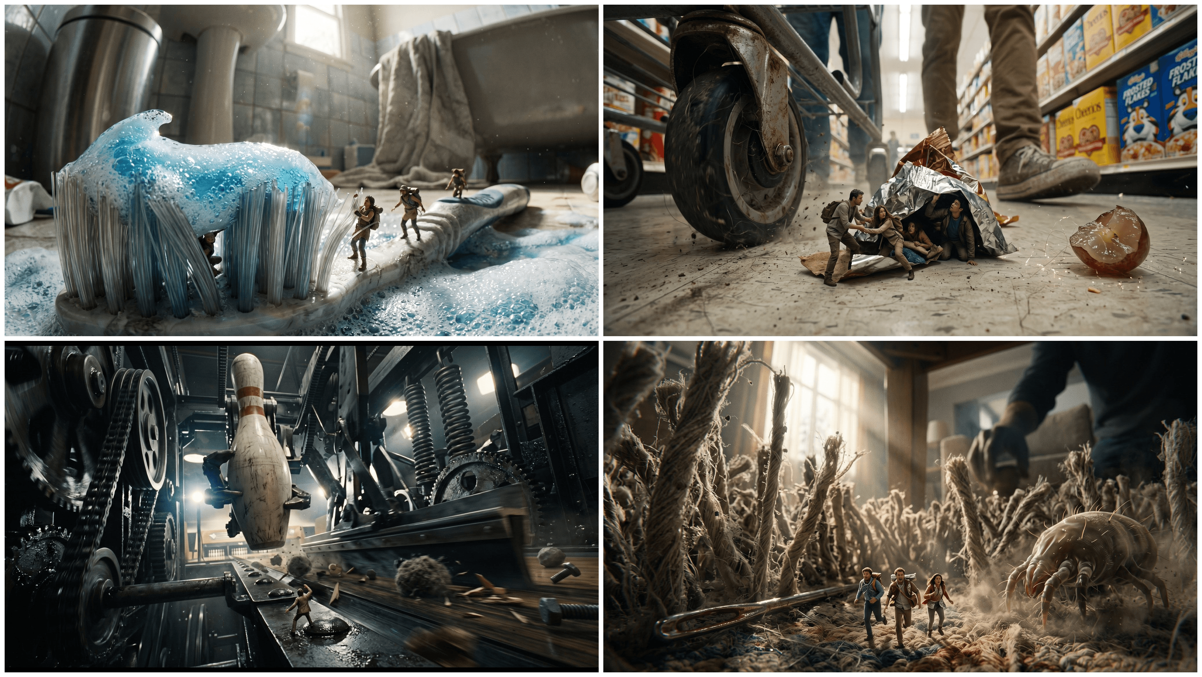 Two by two gallery of Nano Banana 2.1 images: miniature people riding a wave of toothpaste foam on a toothbrush, sheltering under a shopping cart beside a dropped grape, dodging a bowling pin inside gears, and walking through carpet fibers toward a dust mite.