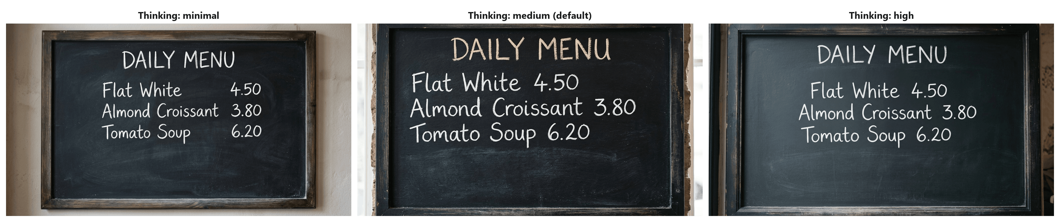 Triptych of Nano Banana 2.1 outputs for the same chalkboard menu prompt at minimal, medium and high thinking. All three render DAILY MENU and the three priced lines correctly and leave the lower third blank. The minimal version aligns the prices in a column, the other two run them inline.