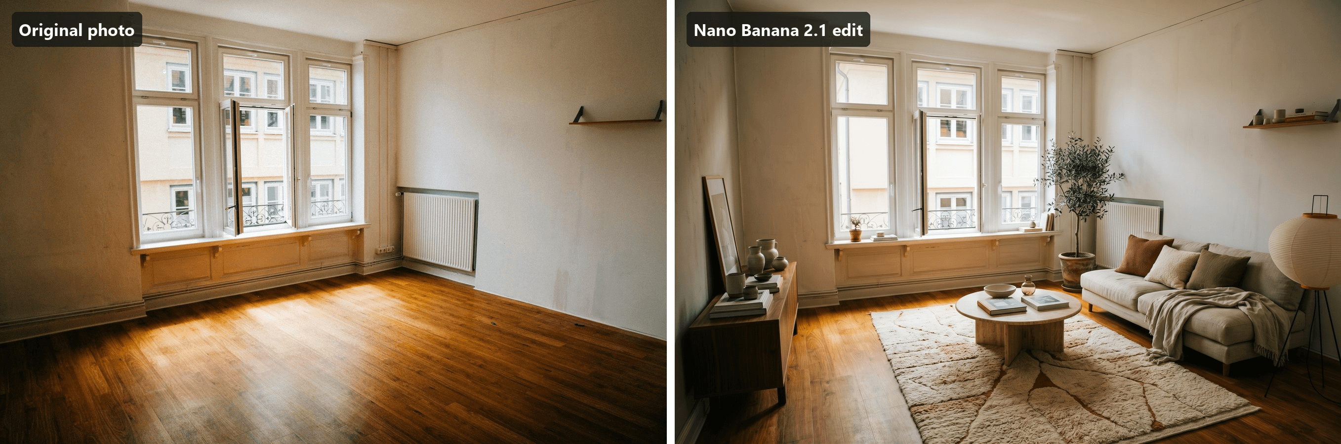  Two panels of the same old apartment living room. Left, the original photo: an empty room with a tall three-part white window left of center, a radiator and a small shelf on the right wall, and afternoon sun across honey oak boards. Right, the Nano Banana 2.1 edit at 2K: the same window, radiator, shelf and sunlight, now with an oatmeal linen sofa along the right wall, a round travertine coffee table on a cream and rust rug, a walnut sideboard on the left and an olive tree in a clay pot beside the window. Room photo by Christian Lue on Unsplash. Edit generated with Nano Banana 2.1 on Atlas Cloud.