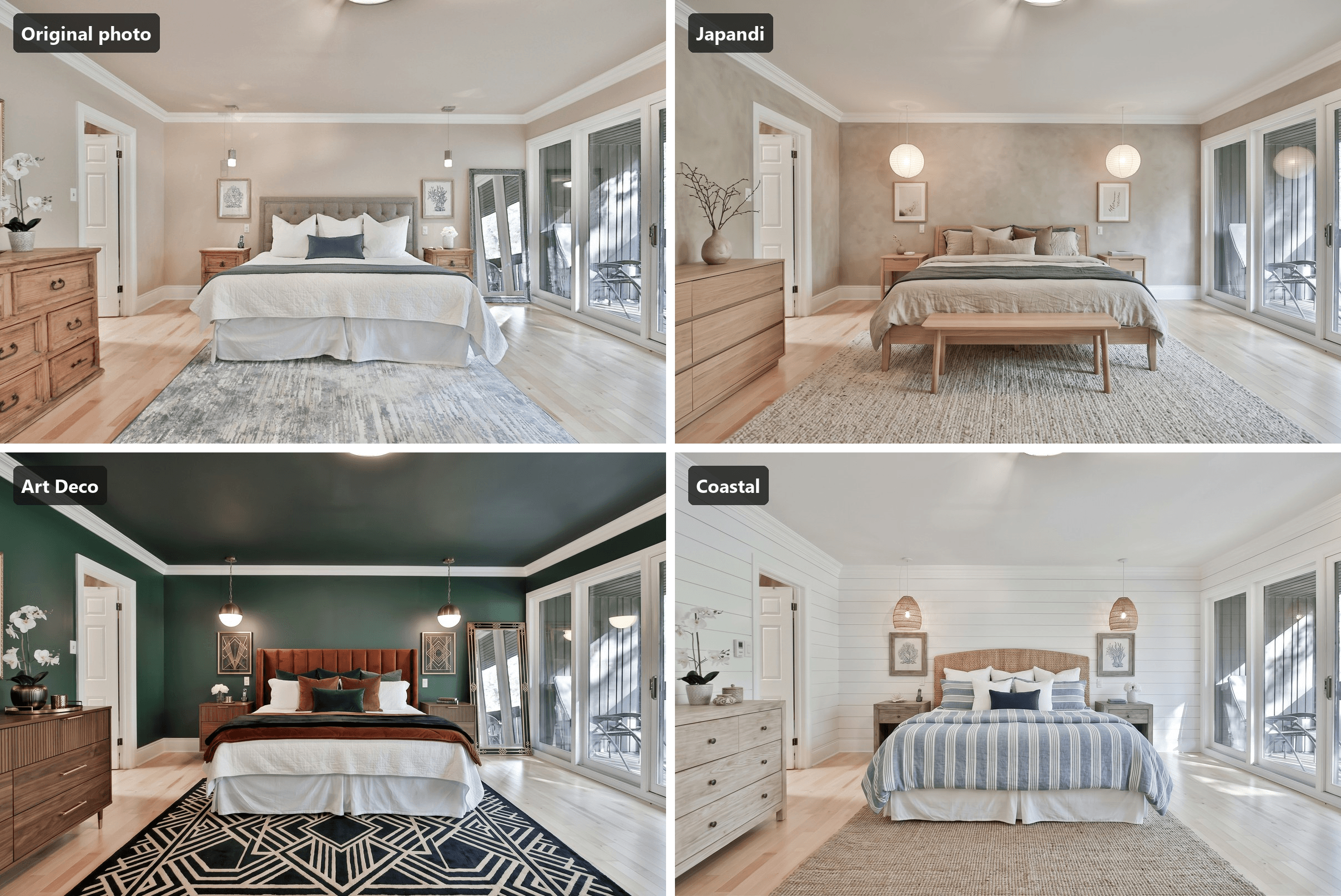  Four panels of the same primary bedroom. Top left, the original photo: blush beige walls, white crown molding, a white door at the left edge, a tufted grey headboard bed with two pendant lights, a tall mirror and sliding glass doors on the right, and a pine dresser in the left foreground. Top right, the Japandi version: greige limewash walls, a pale oak platform bed, paper lantern pendants and an oak bench. Bottom left, the Art Deco version: deep green walls, a rust velvet channel-tufted headboard, brass globe pendants and a black and cream geometric rug. Bottom right, the Coastal version: white shiplap, a rattan headboard, blue and white striped bedding and seagrass pendants. The door, molding, sliding doors and pendant positions match across all four. Bedroom photo by Lotus Design N Print on Unsplash. Edits generated with Nano Banana 2.1 on Atlas Cloud.