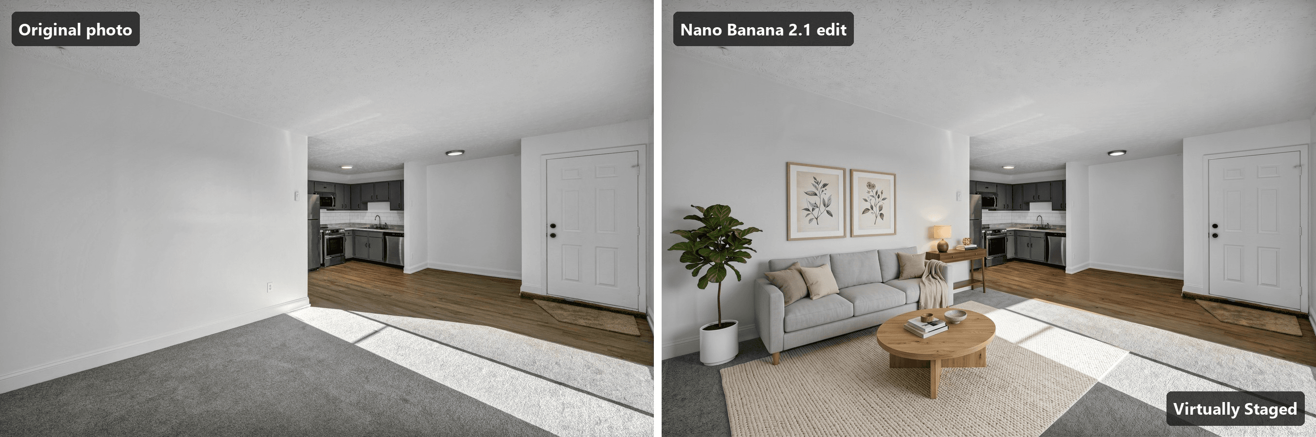 Two panels of the same vacant apartment. Left, the original listing photo: grey wall-to-wall carpet with a patch of sunlight, white walls, an open galley kitchen with grey cabinets and stainless appliances at the back, and a white front door on the right with a mat on wood-look flooring. Right, the Nano Banana 2.1 edit with a Virtually Staged label in the corner: a light grey three-seat sofa against the left wall under two framed botanical prints, a round oak coffee table on a cream rug, a fiddle-leaf fig in a white pot and a slim walnut console with a lamp, with the carpet, kitchen, door, mat, ceiling light and sun patch unchanged. Listing photo by Josh Lemmon on Unsplash. Edit generated with Nano Banana 2.1 on Atlas Cloud.