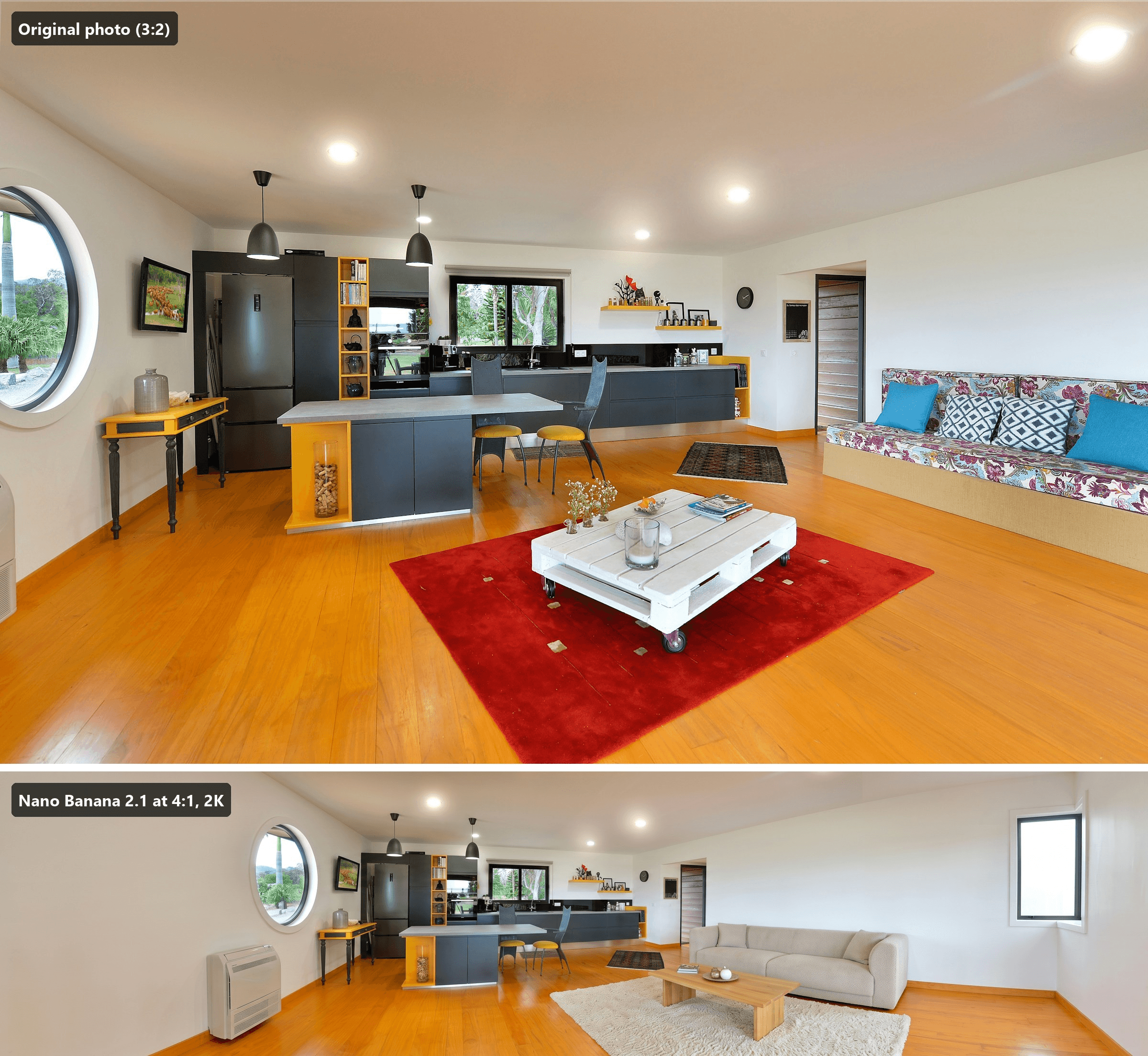 Two stacked images. Top, the original 3:2 photo of an open-plan room: one round porthole window on the left wall, a black kitchen with a long island, a patterned sofa on the right, a red rug and honey wood floors. Bottom, the 4:1 Nano Banana 2.1 panorama at 2K: the single porthole on the left with a plain wall and a floor-standing air conditioner beside it, the same black kitchen and island in the middle, an oatmeal boucle sofa, a cream wool rug and a low oak coffee table on the right, and one rectangular window on the extended right wall. Room photo by Patrick PETIT on Unsplash. Panorama generated with Nano Banana 2.1 on Atlas Cloud.
