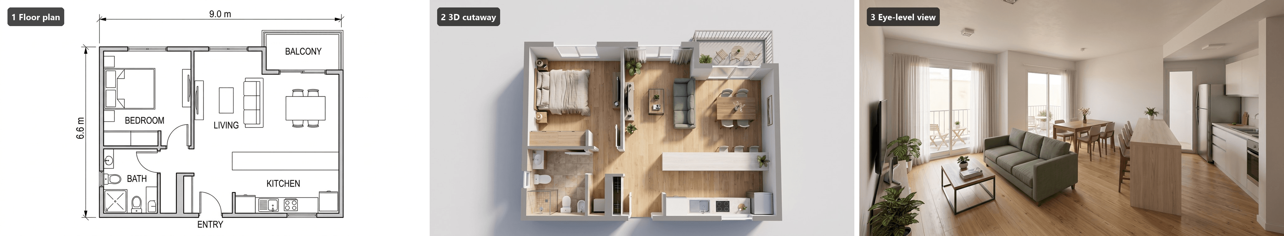 Three panels. Left, a black and white 2D floor plan labeled BEDROOM, LIVING, KITCHEN, BATH, ENTRY and BALCONY with 9.0 m and 6.6 m dimensions. Middle, a top-down 3D cutaway of the same apartment with walls cut at waist height: the bedroom top left with a linen bed, the bathroom bottom left, the entry at the bottom, a sage green sofa in the living room, a dining table for four and the balcony top right. Right, a photorealistic eye-level view from the living room: the sage green sofa and a wooden coffee table in the foreground, the dining table for four and the glass balcony doors ahead, and a kitchen island with stools in front of white cabinets on the right. Floor plan, cutaway and eye-level view generated with Nano Banana 2.1 on Atlas Cloud.