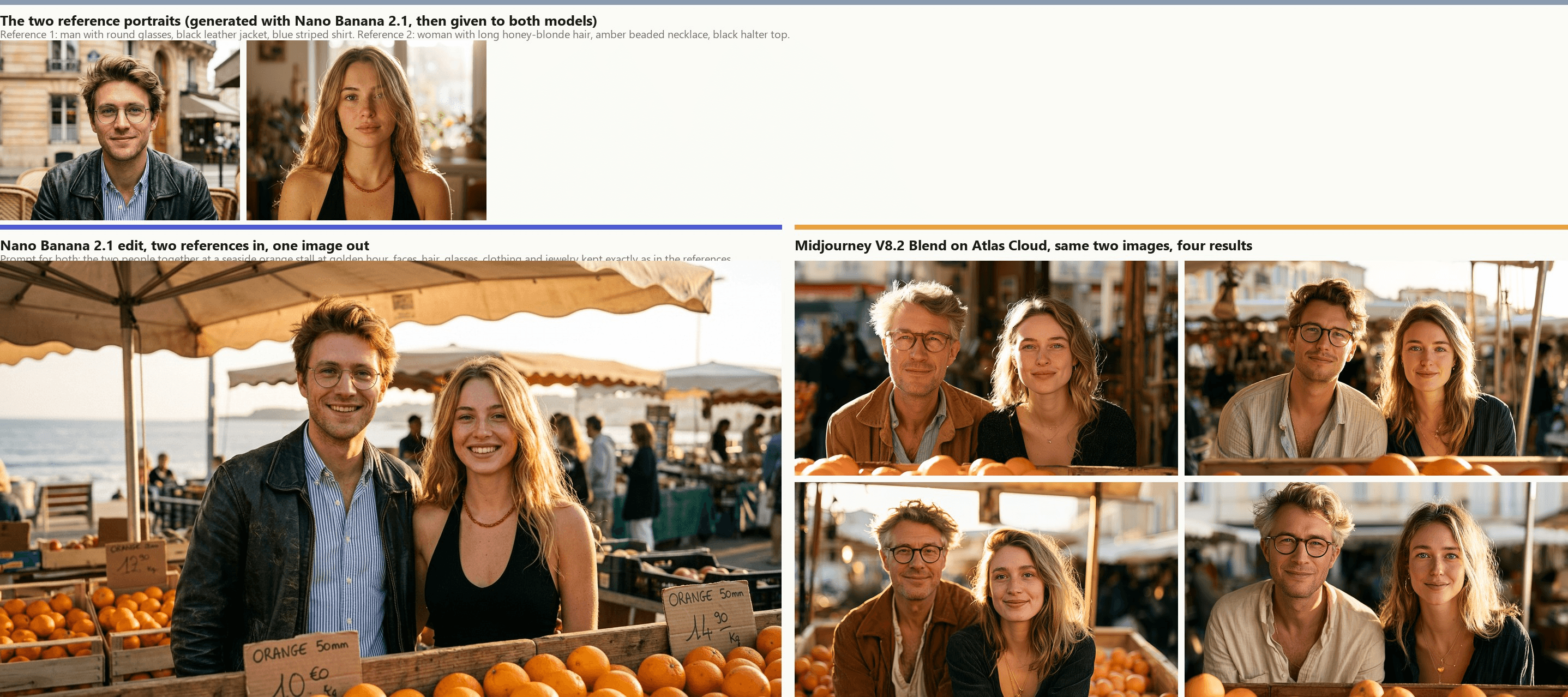 Top row, the two reference portraits: a man with round glasses in a black leather jacket over a blue striped shirt, and a woman with long honey-blonde hair wearing an amber beaded necklace and a black halter top. Bottom left, the Nano Banana 2.1 edit output: the same two people, same glasses, jacket, shirt, hair and necklace, smiling behind crates of oranges at a seaside market at golden hour. Bottom right, four Midjourney V8.2 Blend results of a man with glasses and a blonde woman at a similar orange stall, with the man's hair turned grey, his jacket replaced by a brown or linen shirt, and the woman's necklace and top changed.