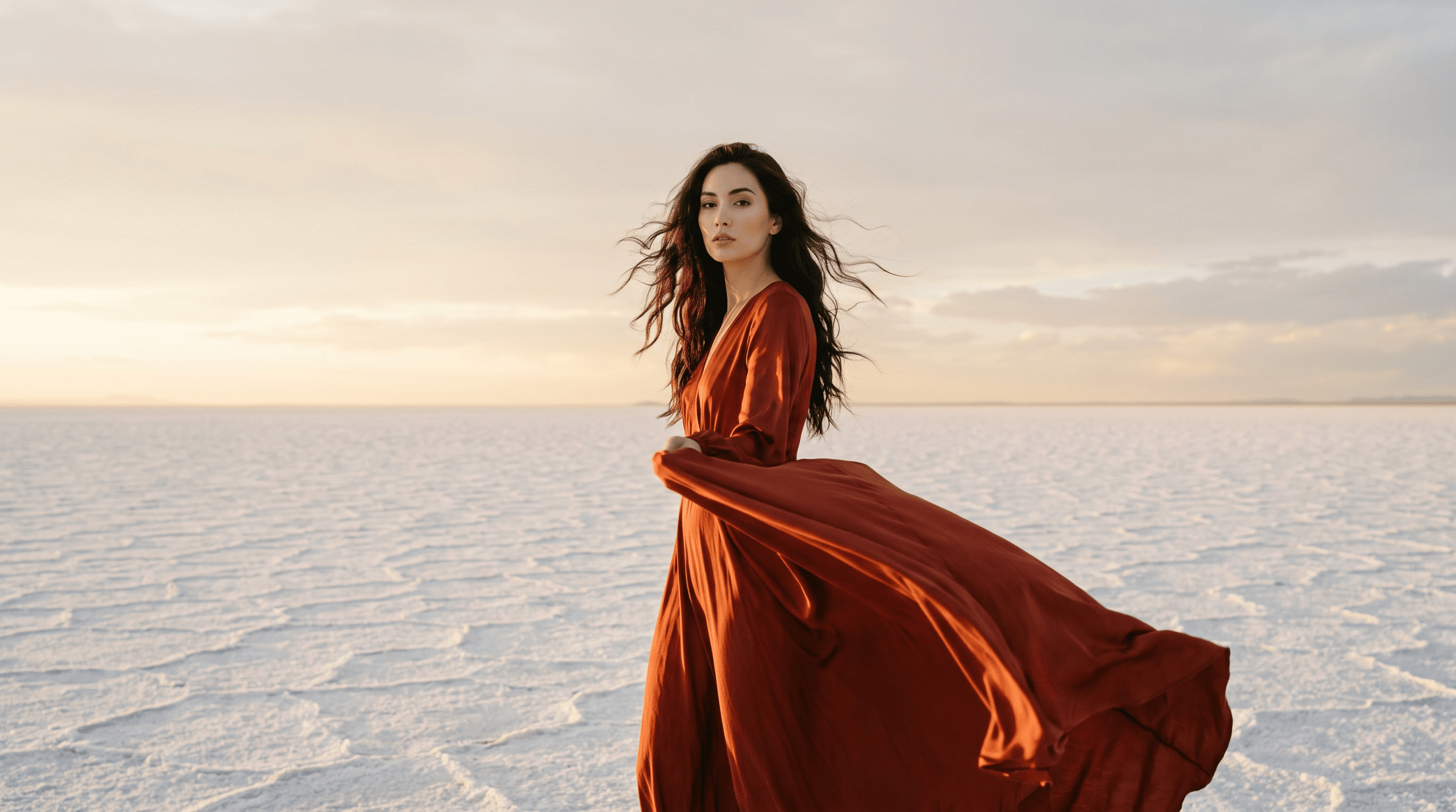 Photorealistic editorial fashion image of a woman in a long rust-red silk dress standing on a white salt flat at golden hour, looking at the camera while wind lifts her dark hair and the dress, generated with Nano Banana 2.1 at 2K on Atlas Cloud.