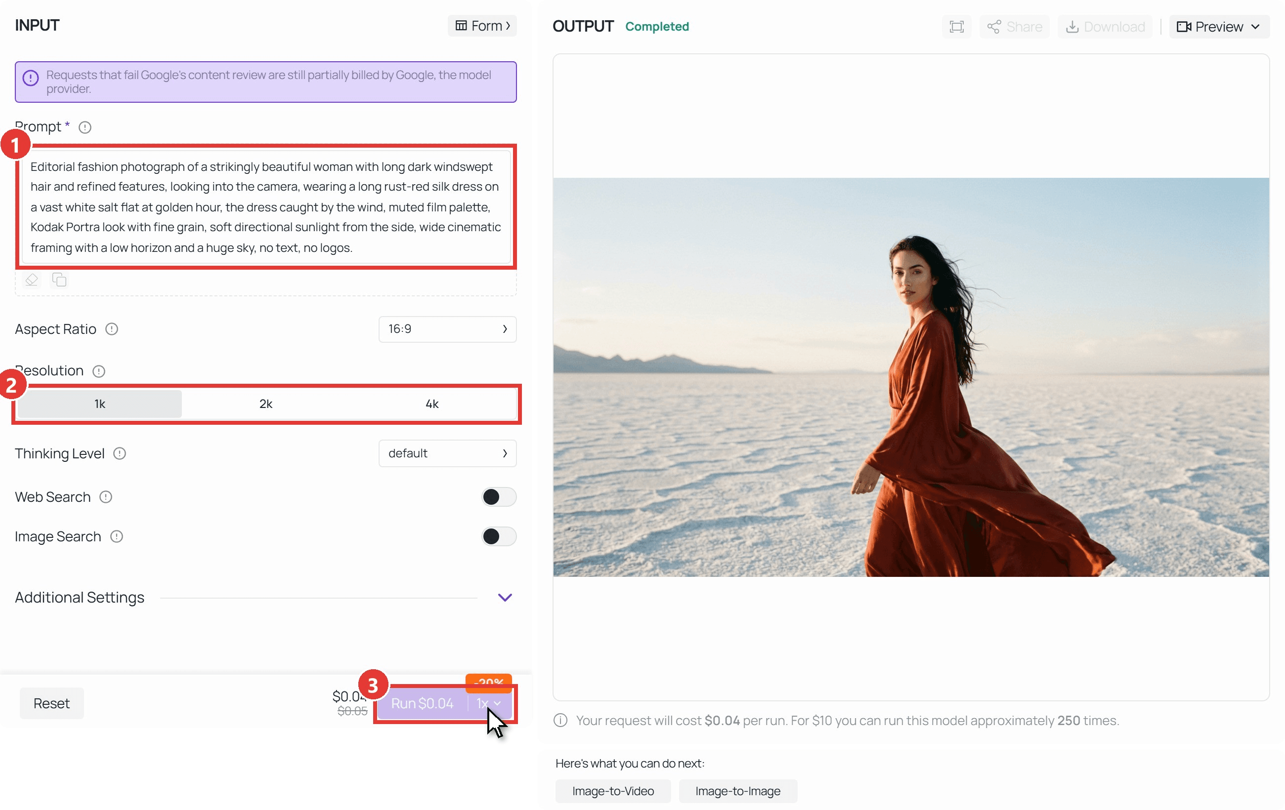 Annotated screenshot of the Nano Banana 2.1 text-to-image playground on Atlas Cloud. Red box 1 marks the Prompt field holding the salt flat fashion prompt, red box 2 marks the Resolution row with 1k selected, and red box 3 with a cursor marks the Run button. The OUTPUT panel on the right shows the completed image of a woman in a rust-red dress with the Completed label.