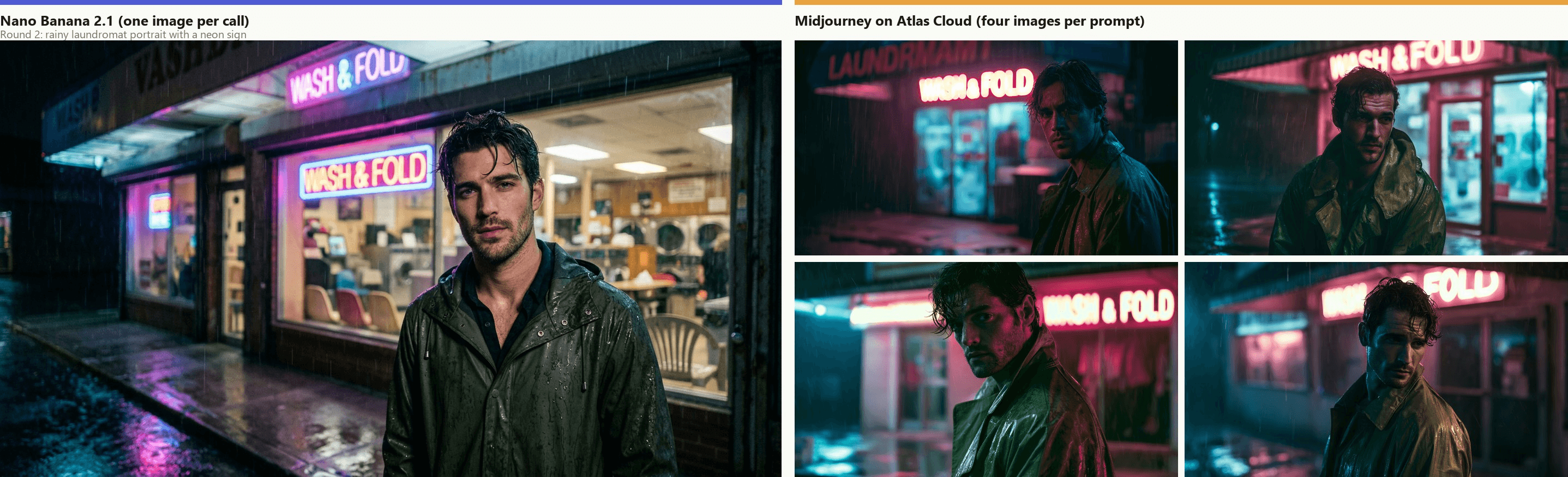 Left, a Nano Banana 2.1 render of a man in a wet olive raincoat in front of a bright laundromat window with two neon signs reading WASH & FOLD. Right, four Midjourney renders of the same scene in heavy teal and magenta light with the man closer to the lens; two signs read WASH & FOLD, one reads LAUNDRMAMT, and one jumbles the letters.