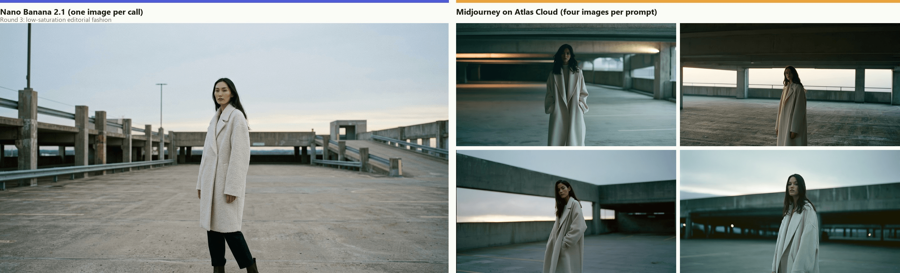 Left, a Nano Banana 2.1 render of a model in an oversized cream wool coat standing full length on an open parking deck at dawn, sharp and evenly lit. Right, four Midjourney renders of the same brief, each a tighter, softer frame with heavier grain, deeper shadows and a quieter, more cinematic mood.