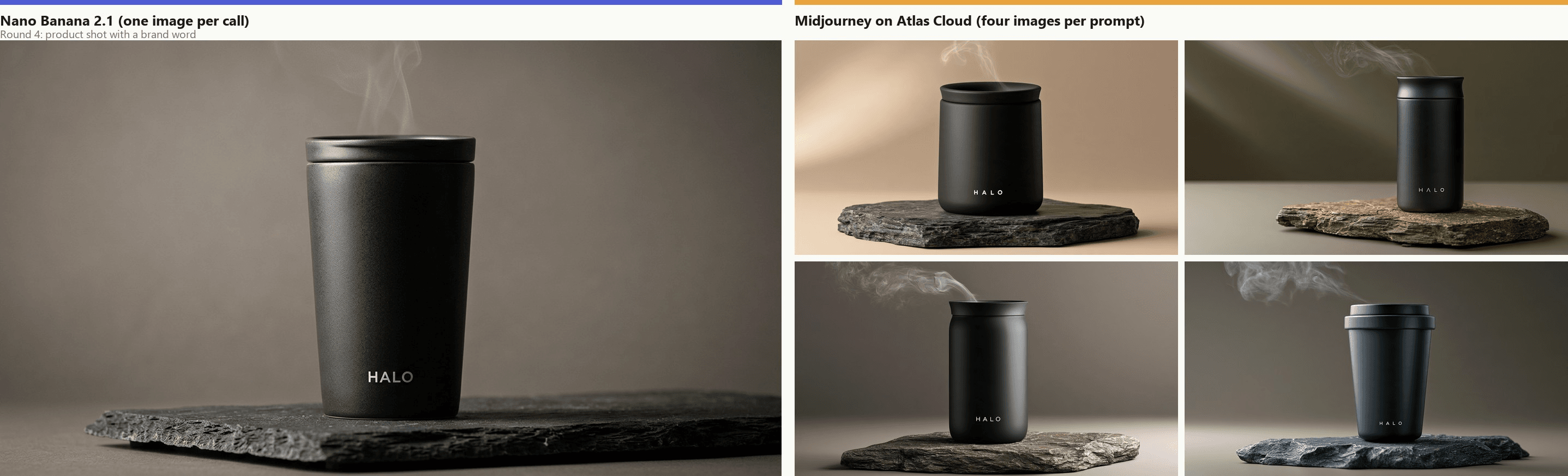 Left, a Nano Banana 2.1 render of a matte black ceramic tumbler with a thin wisp of steam on a slab of slate, the word HALO in small white letters, warm grey background. Right, four Midjourney renders of four different tumbler shapes on slate, each with HALO printed on the side and steam rising.