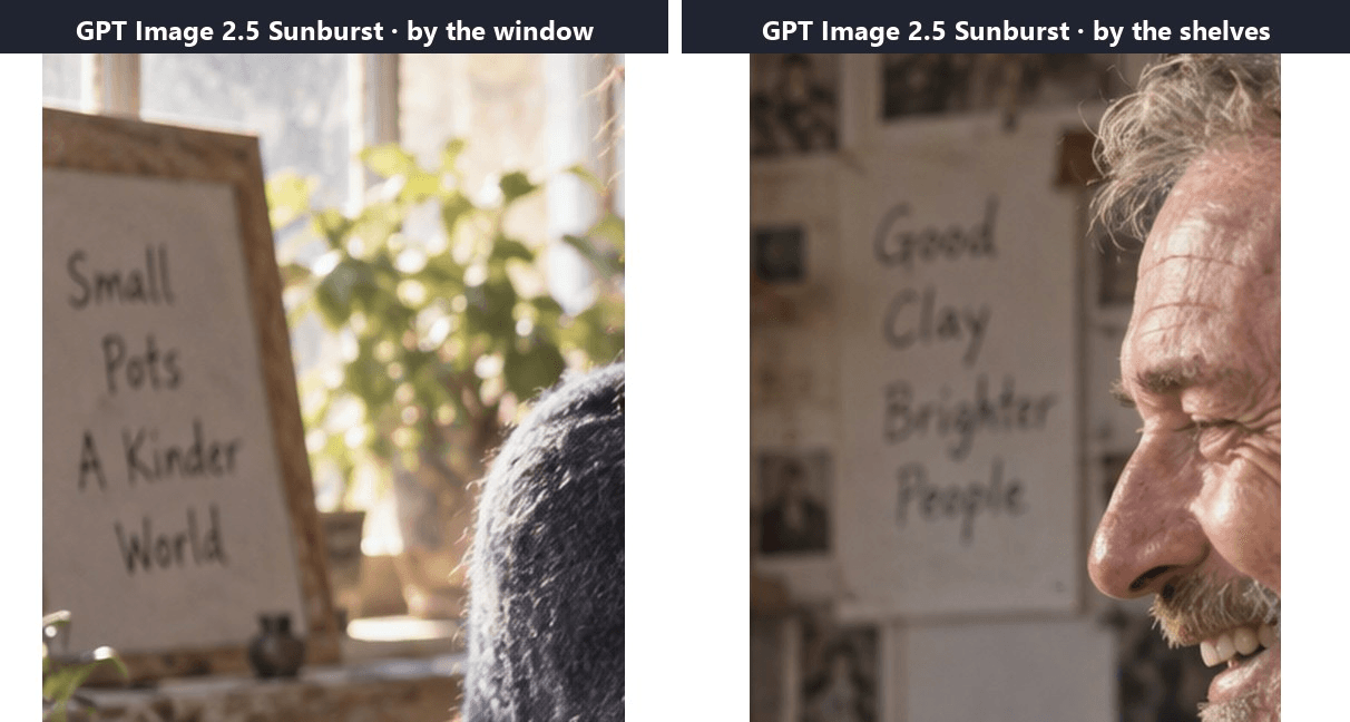 Two enlarged crops from the GPT Image 2.5 Sunburst studio render. The left crop shows a framed sign by the window reading Small Pots A Kinder World, and the right crop shows a sign by the shelves reading Good Clay Brighter People next to the older potter's face, text the prompt never requested.