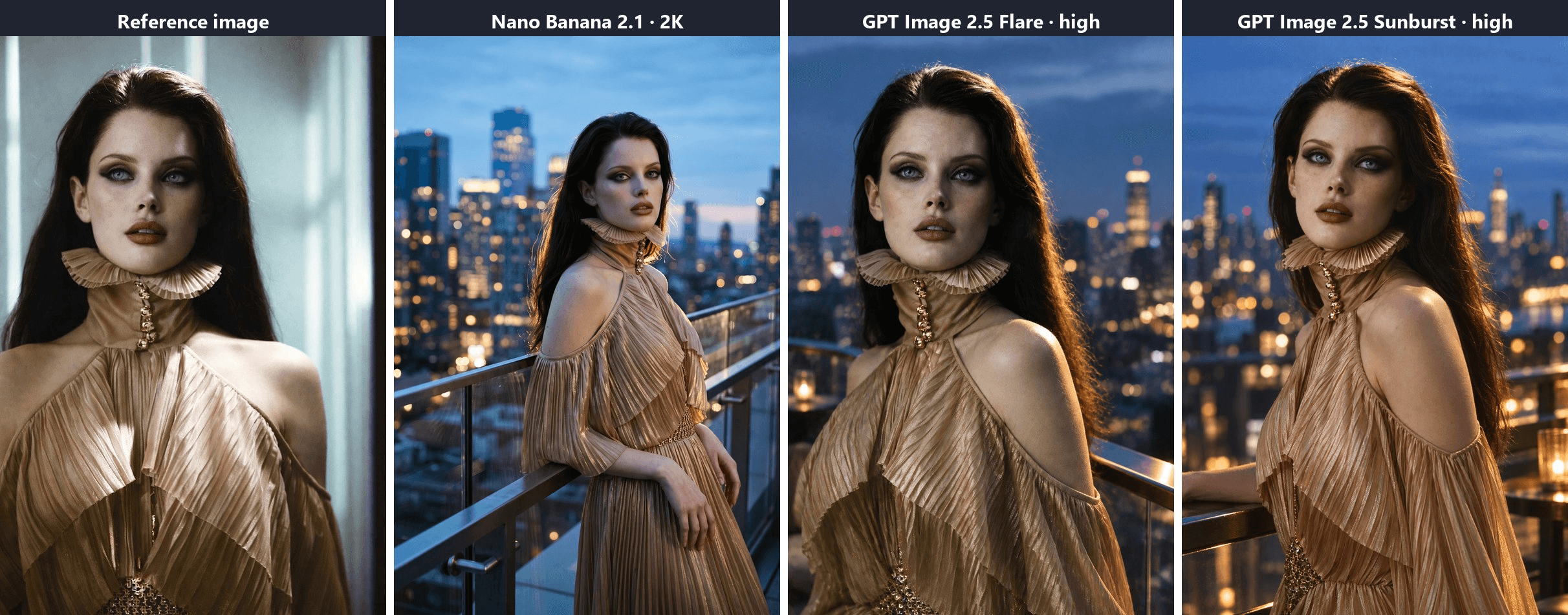 Four portrait panels. The reference image shows a woman with long dark hair, smoky eye makeup and a pleated gold high-collar dress. Nano Banana 2.1 at 2K pulls back to show her leaning on a glass rail above a city at blue hour, GPT Image 2.5 Flare at high quality keeps her straight-on pose in front of blurred city lights, and GPT Image 2.5 Sunburst at high quality turns her three-quarter with one arm on the rail.
