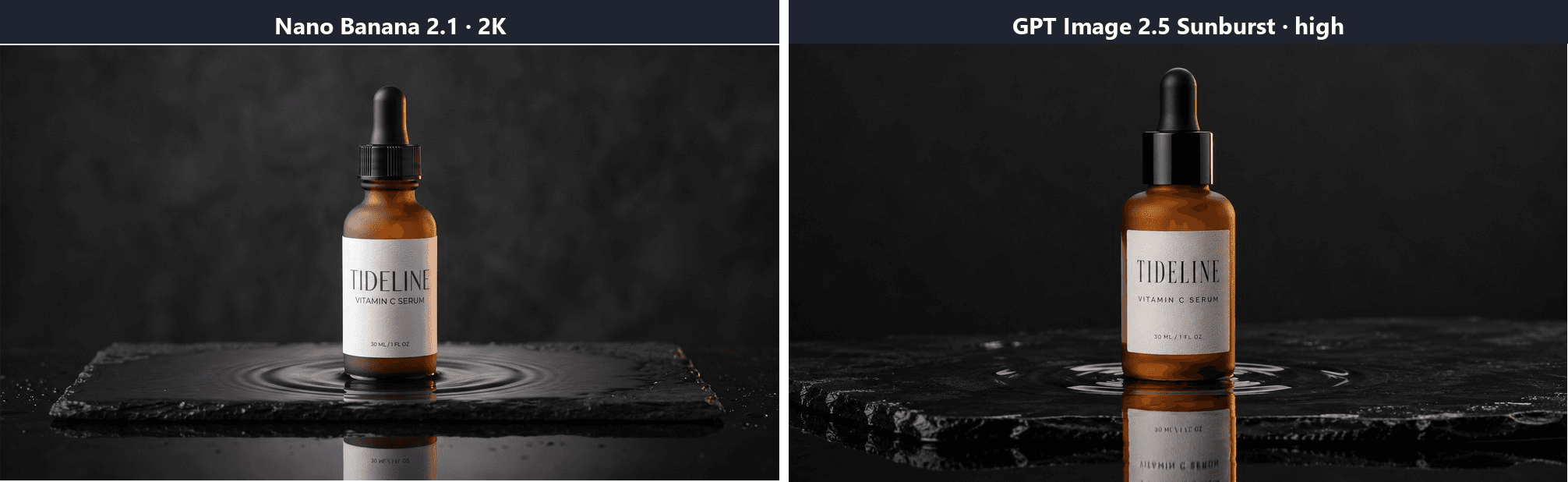 Two product photographs of an amber dropper bottle labeled TIDELINE VITAMIN C SERUM on wet black slate, the left from Nano Banana 2.1 at 2K and the right from GPT Image 2.5 Sunburst at high quality, both generated on Atlas Cloud from one prompt.