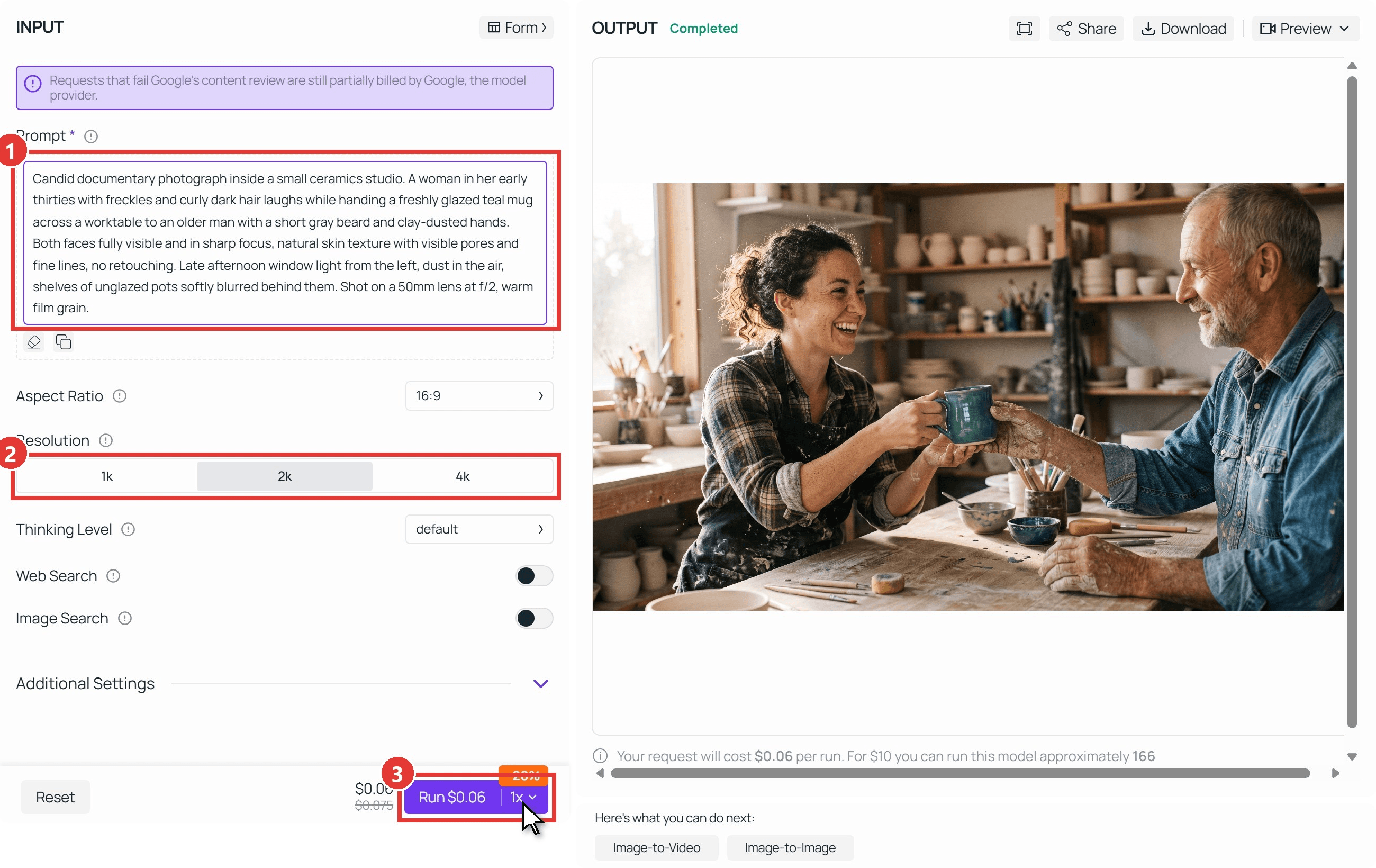 The Nano Banana 2.1 text-to-image playground on Atlas Cloud with three numbered red boxes: the prompt box holding the ceramics studio prompt, the 1k, 2k and 4k resolution toggle, and the Run button, with a cursor on Run and the completed studio image in the OUTPUT panel.