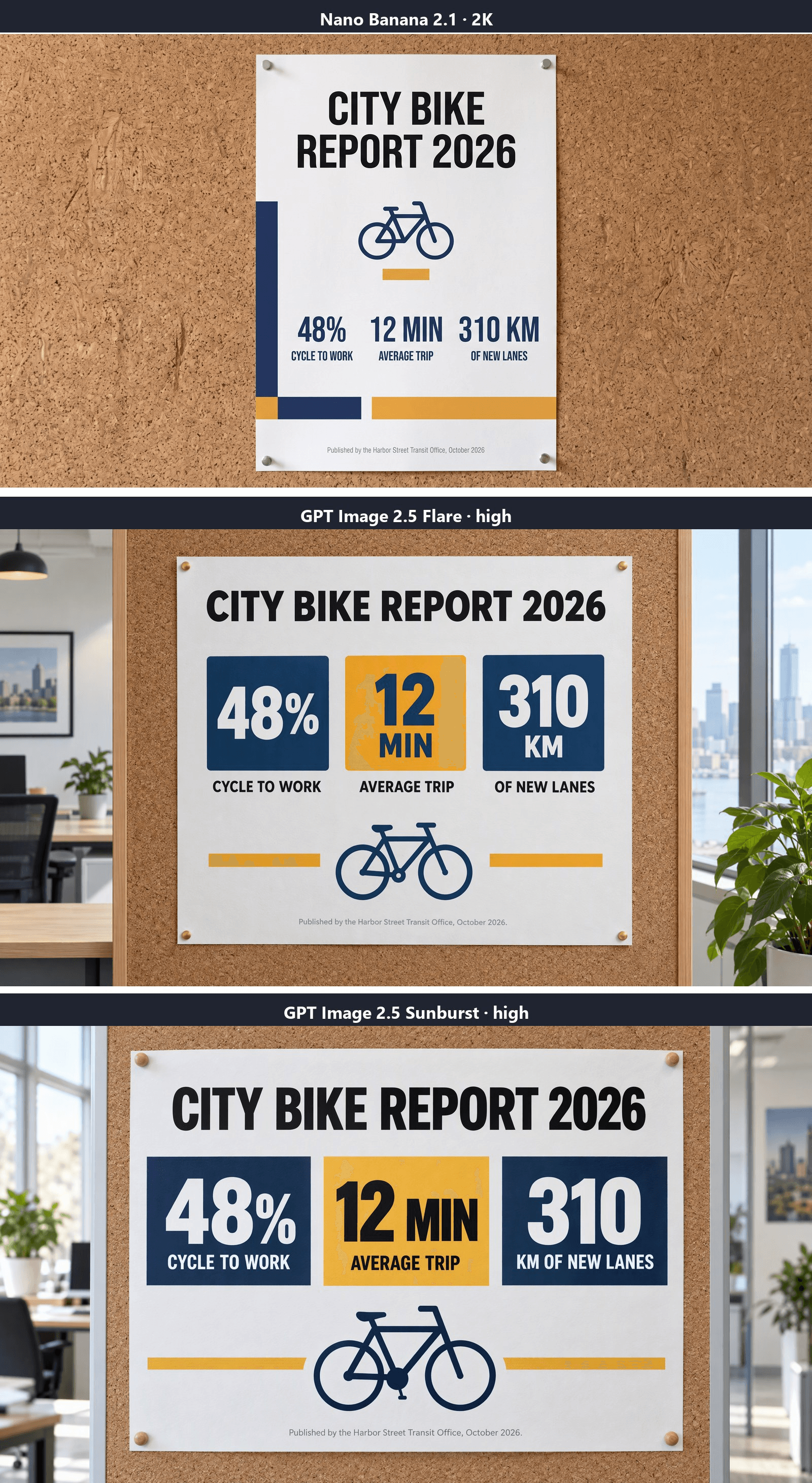 Three stacked renders of the same infographic poster prompt. Nano Banana 2.1 produces a portrait poster with the headline CITY BIKE REPORT 2026, three statistics and a small footer line. GPT Image 2.5 Flare and Sunburst produce landscape posters with the same words set in colored stat blocks, both with the footer line intact.