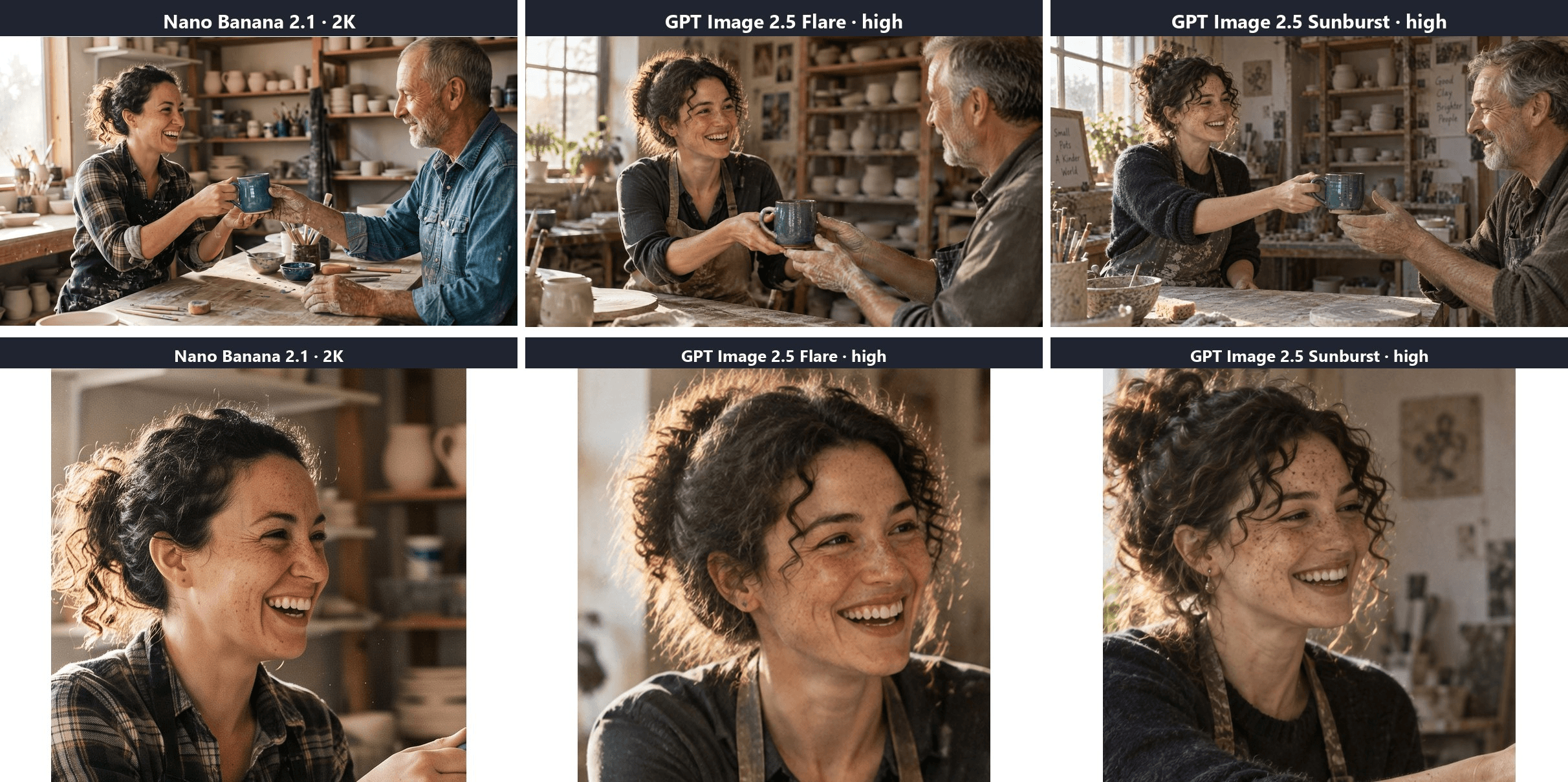 Top row, three renders of a freckled woman laughing while she hands a teal mug to an older potter in a sunlit studio, from Nano Banana 2.1 at 2K, GPT Image 2.5 Flare at high quality and GPT Image 2.5 Sunburst at high quality, with two hand-lettered signs on the wall in the Sunburst frame. Bottom row, close crops of her face: Nano Banana 2.1 shows soft natural skin and a plaid shirt, Flare shows backlit curls and visible pores, and Sunburst shows heavier freckles.