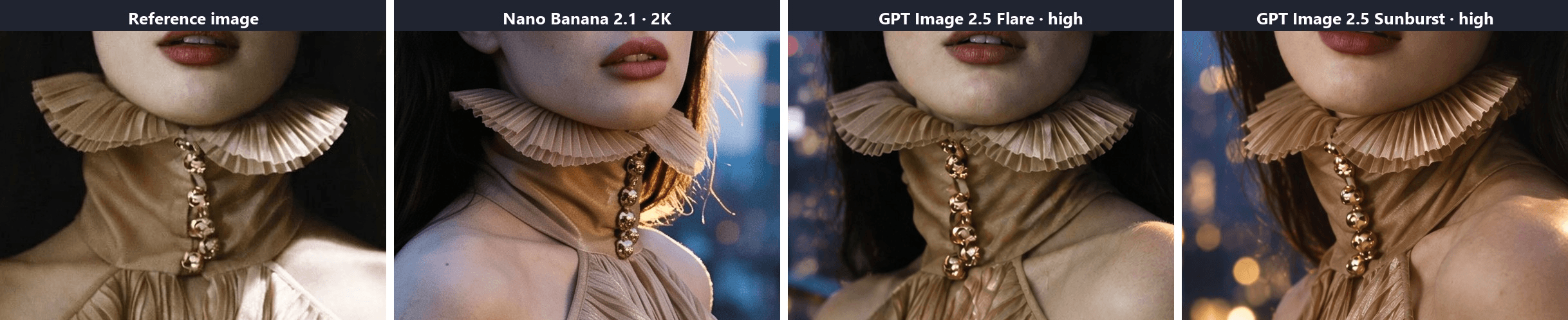 Four close crops of the neckline from the reference image and the rooftop versions by Nano Banana 2.1, GPT Image 2.5 Flare and GPT Image 2.5 Sunburst. All four show the same pleated gold ruffle collar, the column of gold buttons and brick-red lips, and the Nano Banana 2.1 crop adds a warm rim light along her hair against a blue-hour skyline.