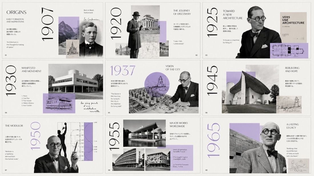 Timeline of architect Le Corbusier's life and work from 1907 to 1965