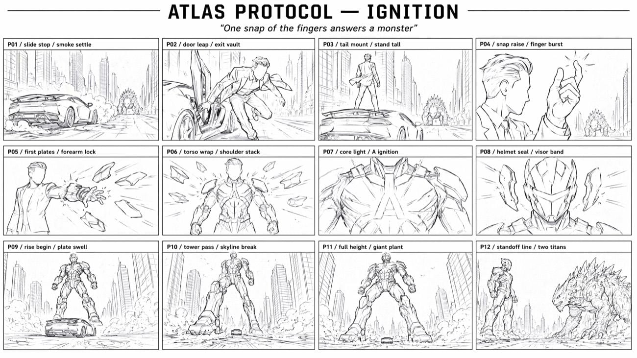 Storyboard of a man transforming into a giant mech to face a monster