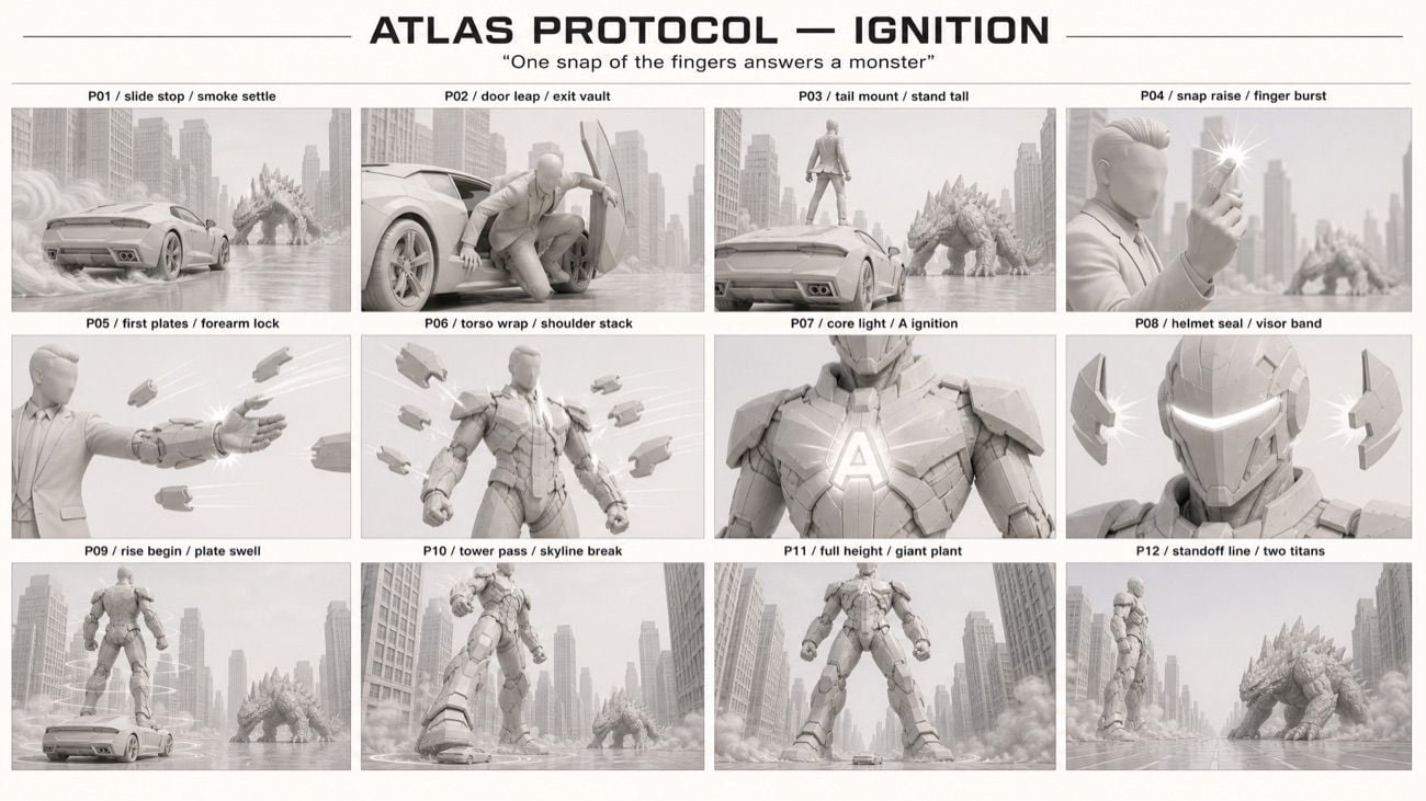 Storyboard showing a man transforming into a giant robot to fight a monster