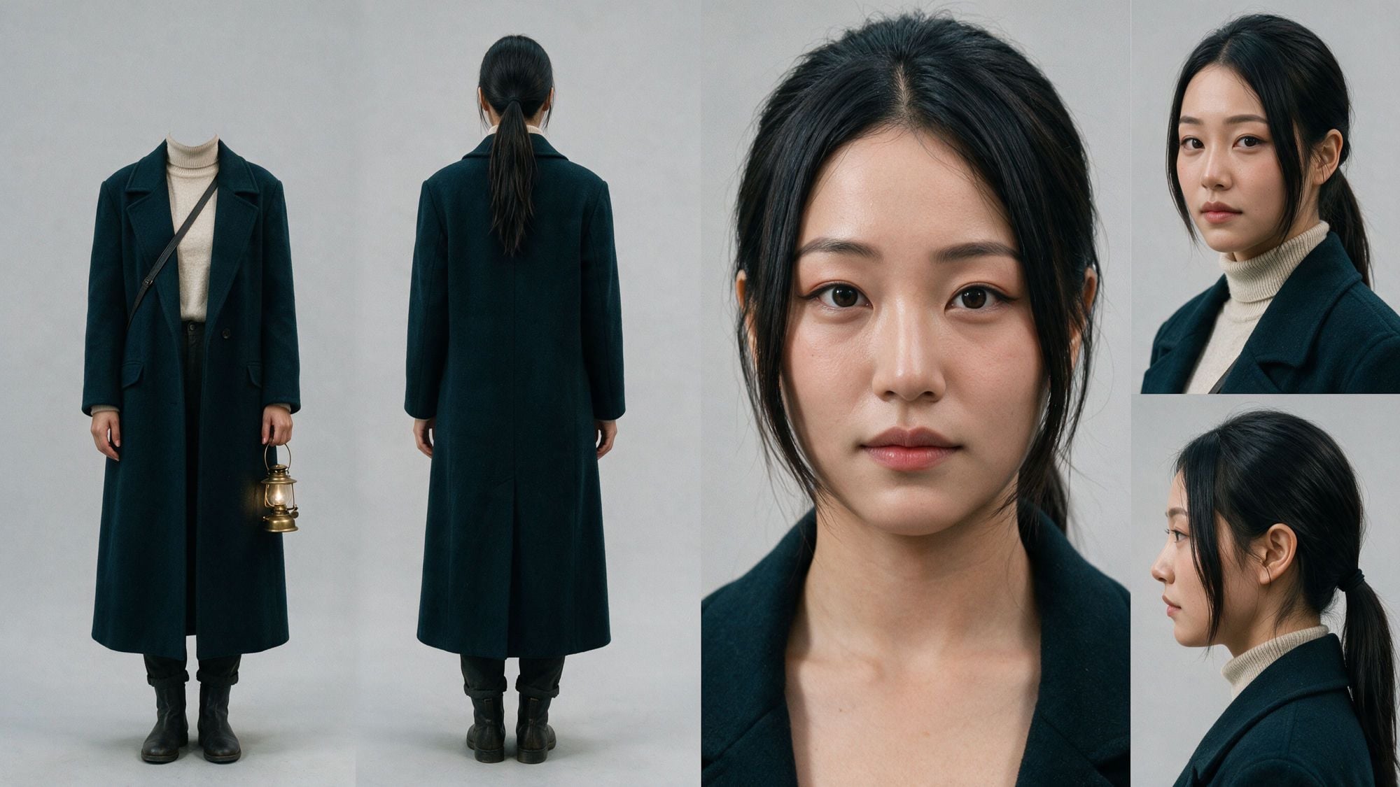 Multiple angles of a woman wearing a long dark green coat
