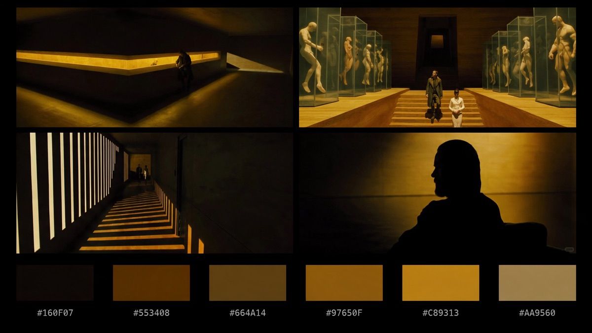 Four yellow film stills shown above a matching color palette