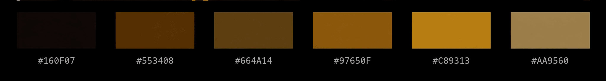 Six earthy brown and gold color swatches labeled with hex codes