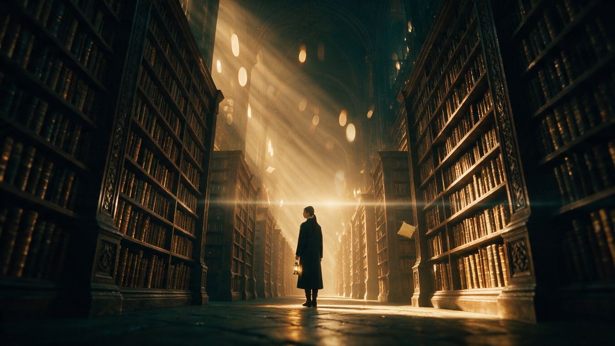 Person holding a lantern stands in a towering, sunlit library
