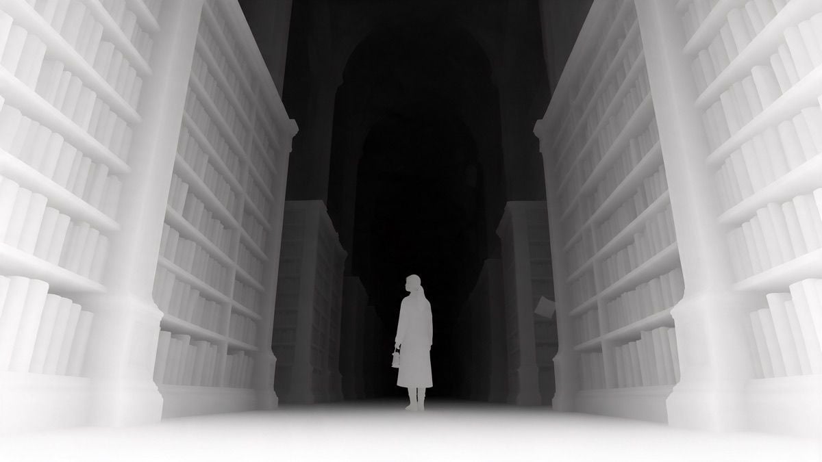 A white silhouette standing between tall bookshelves facing a dark void