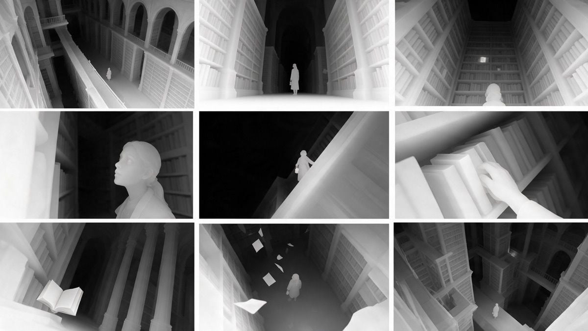 Nine grayscale panels of a person exploring a massive, surreal library