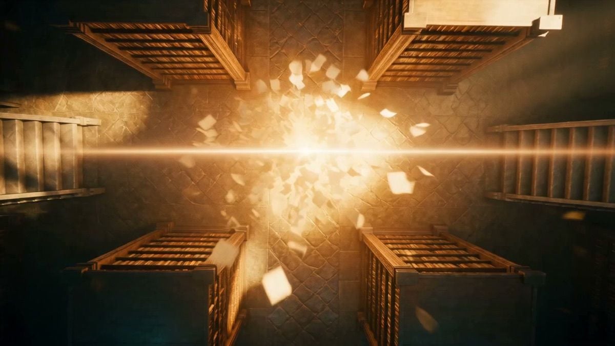 Glowing papers explode from a bright light beam between library bookshelves