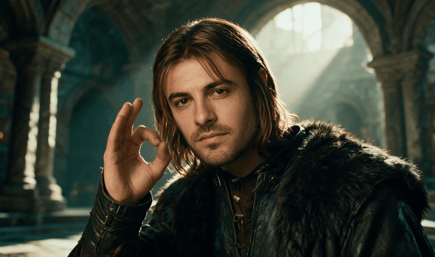 Medieval man in fur clothing making an OK hand gesture