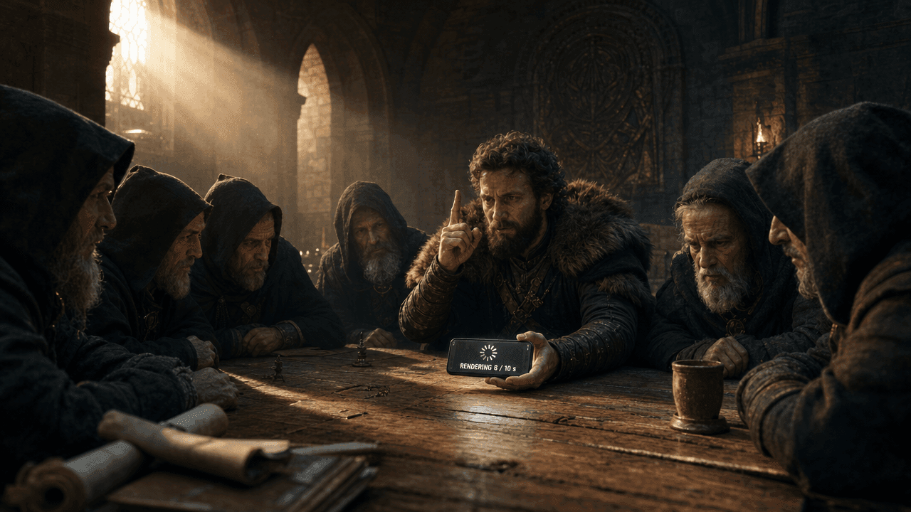 Medieval man shows a smartphone with a rendering screen to hooded men