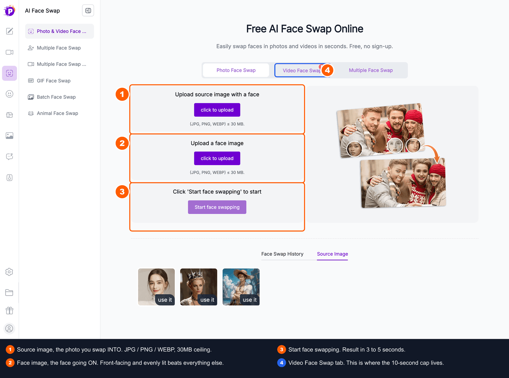 Screenshot showing how to use an online AI face swap tool