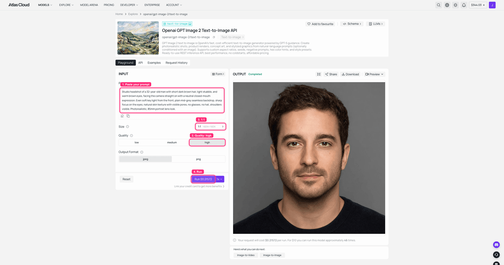 Screenshot of an AI image generator interface showing a generated portrait