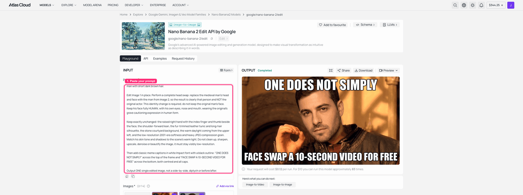 Screenshot of an AI image editing interface displaying a generated meme