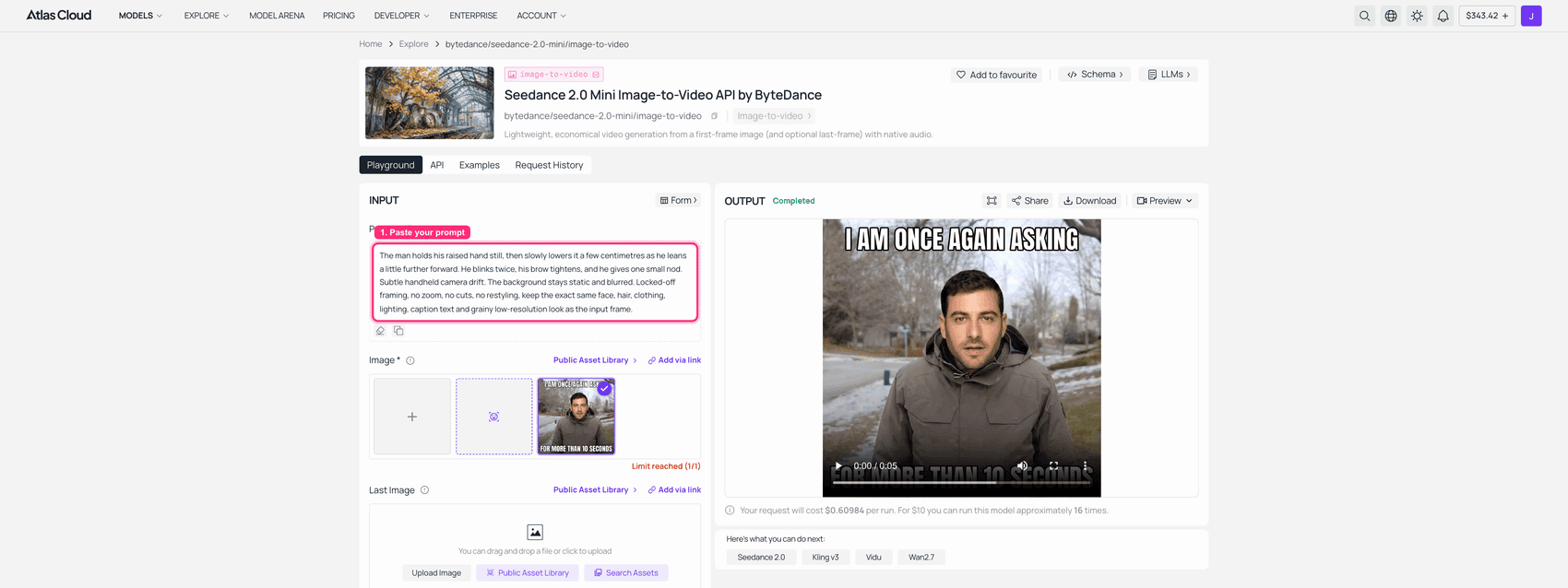 Screenshot of an AI image to video interface showing a meme