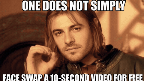 Face-swapped Boromir meme reading One does not simply face swap for free