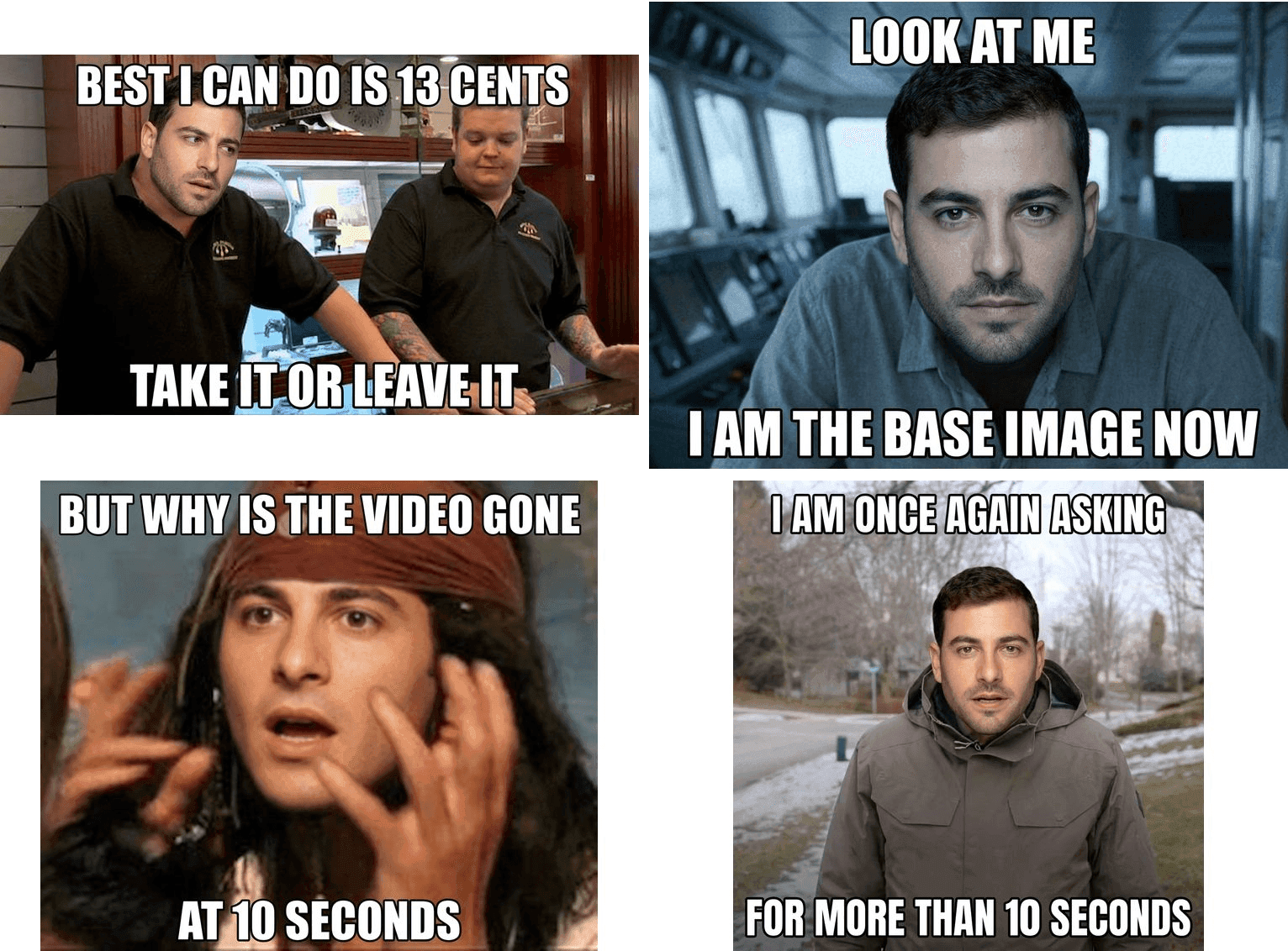 Four memes with the same man's face photoshopped onto different characters