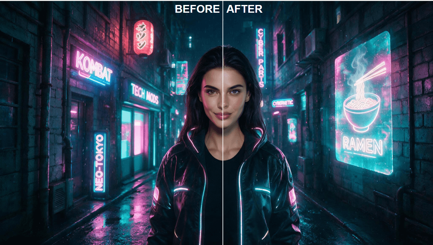 Finished face swap output showing the studio portrait's face and hair on a woman in a glowing LED jacket, neon alley scene fully preserved.