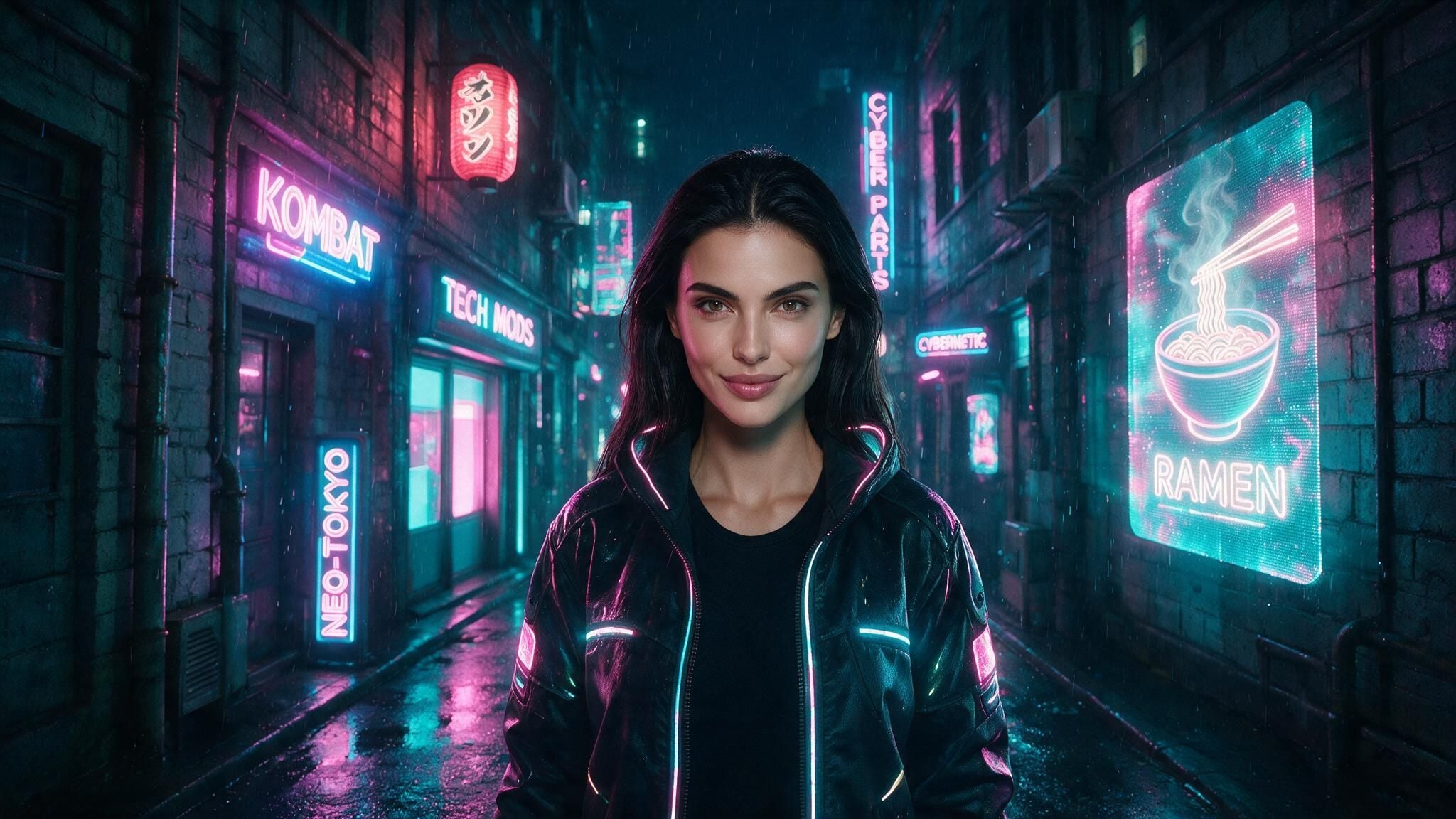 Finished face swap output showing the studio portrait's face and hair on a woman in a glowing LED jacket, neon alley scene fully preserved.