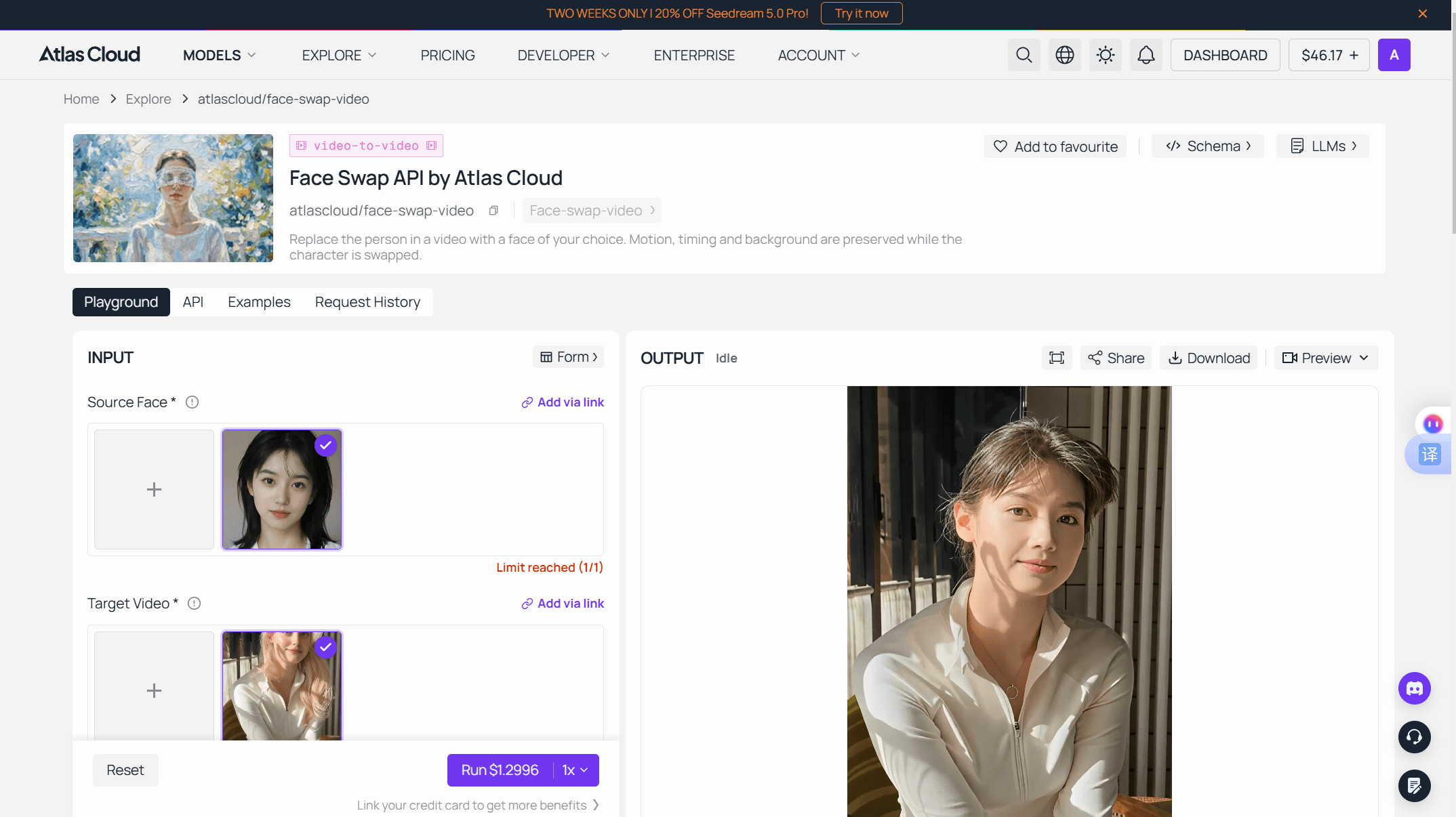 Atlas Cloud Face Swap playground form with two image upload fields, output format options, and the Run button showing the per-run cost.