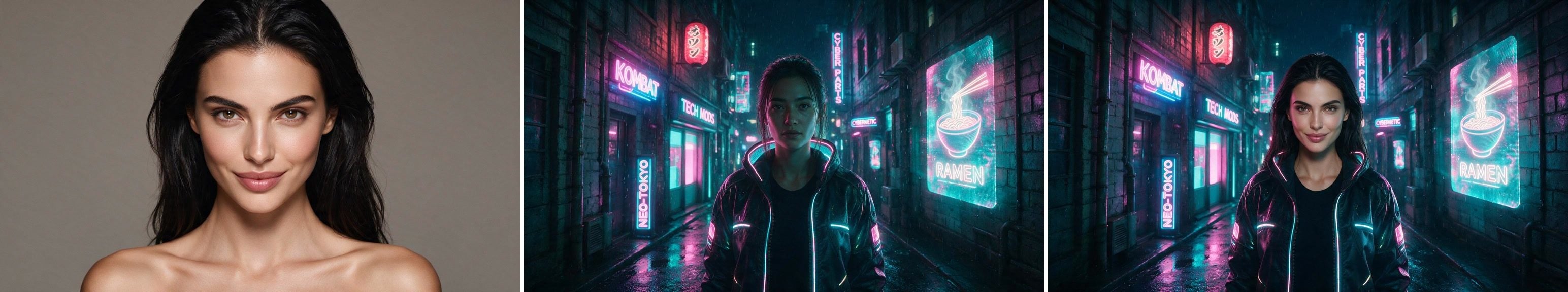 Left to right: front-facing studio portrait used as source face, neon alley target photo, and the finished swap with the portrait's face and hair on the alley character.