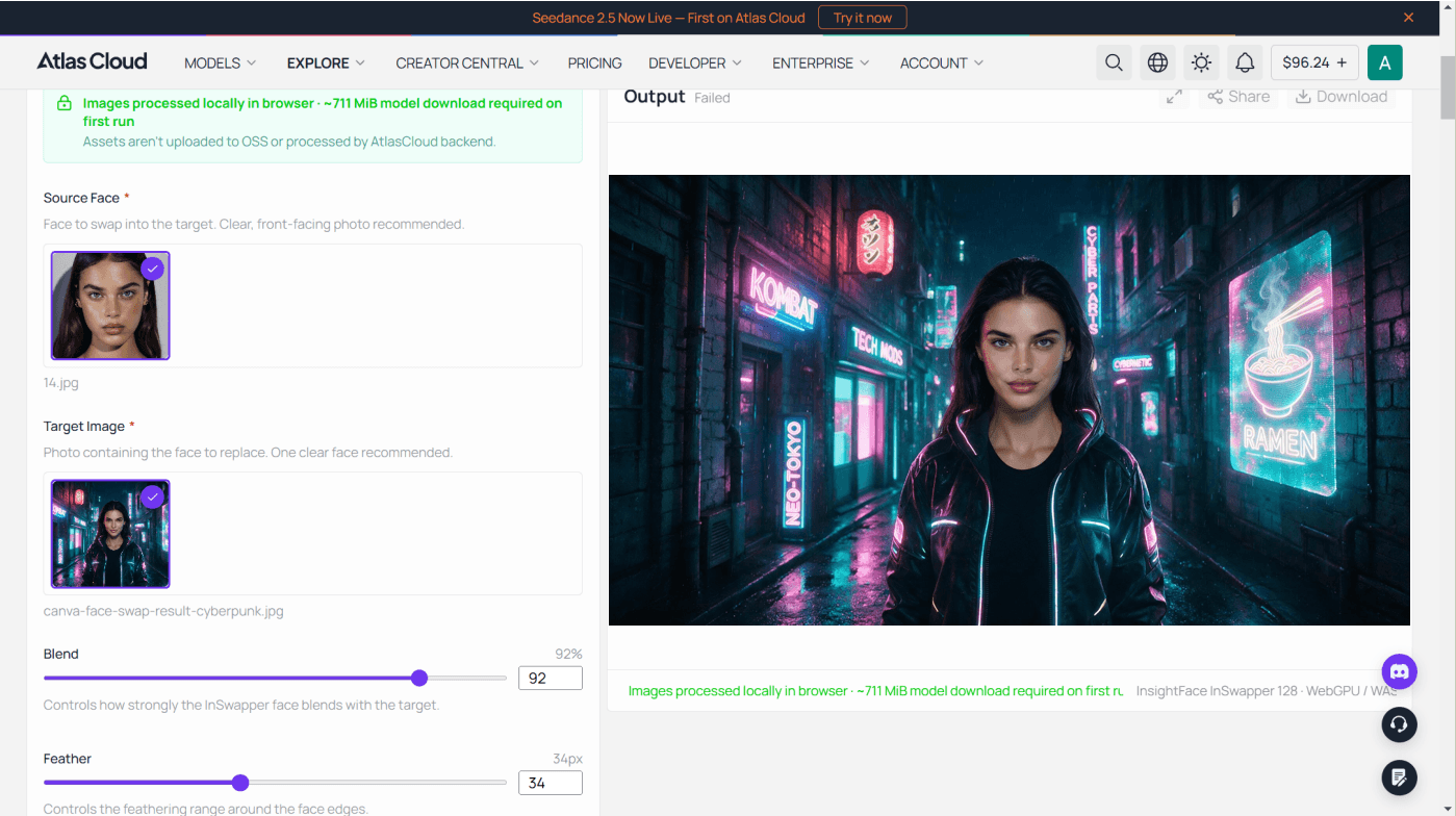 Atlas Cloud free AI face swap tool reproducing this article's cyberpunk alley test swap at no cost, with the Blend and Feather sliders visible.