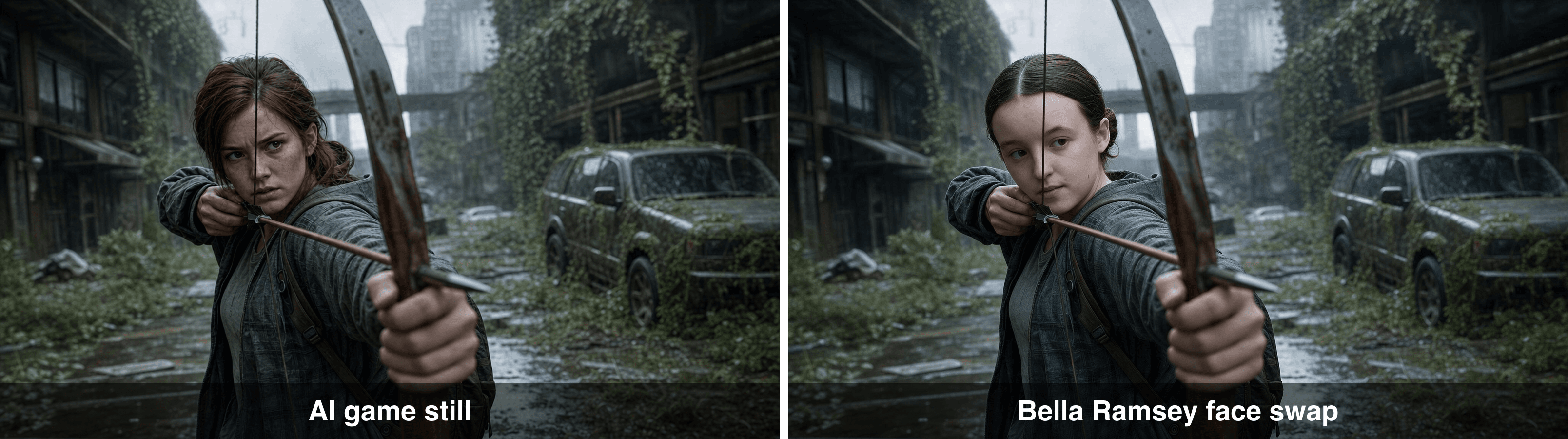 Side-by-side comparison of game Ellie and Bella Ramsey face swap