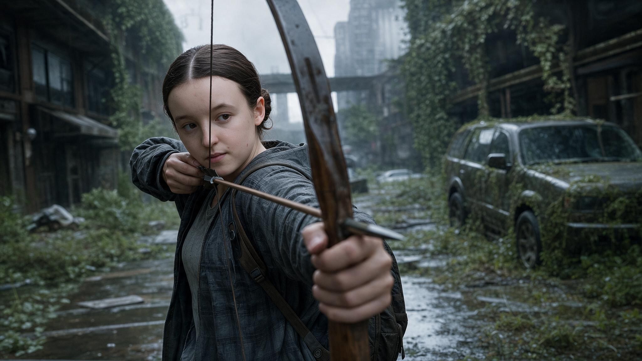Woman aiming a bow and arrow on an overgrown city street
