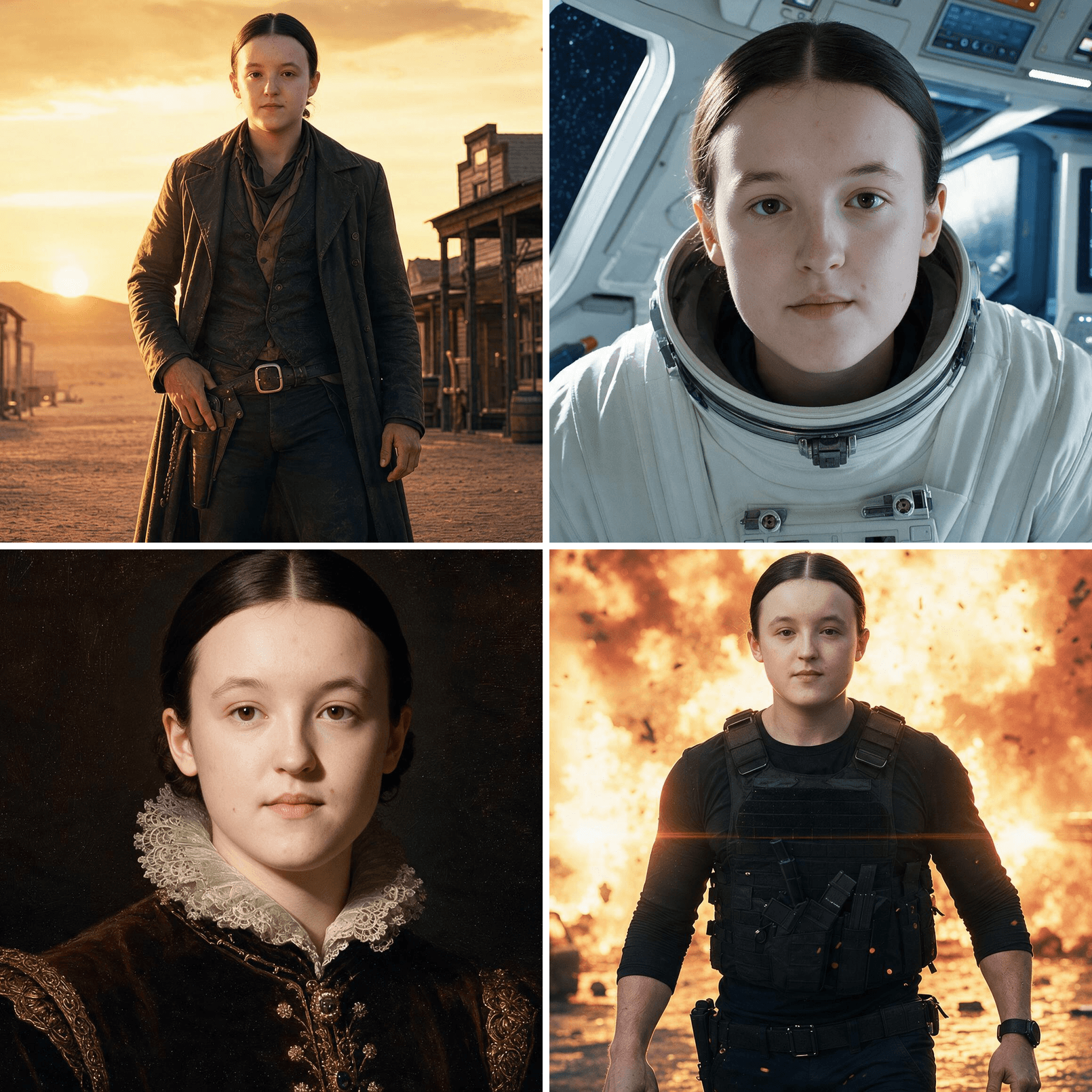 Four portraits of one person in different historical and fictional costumes