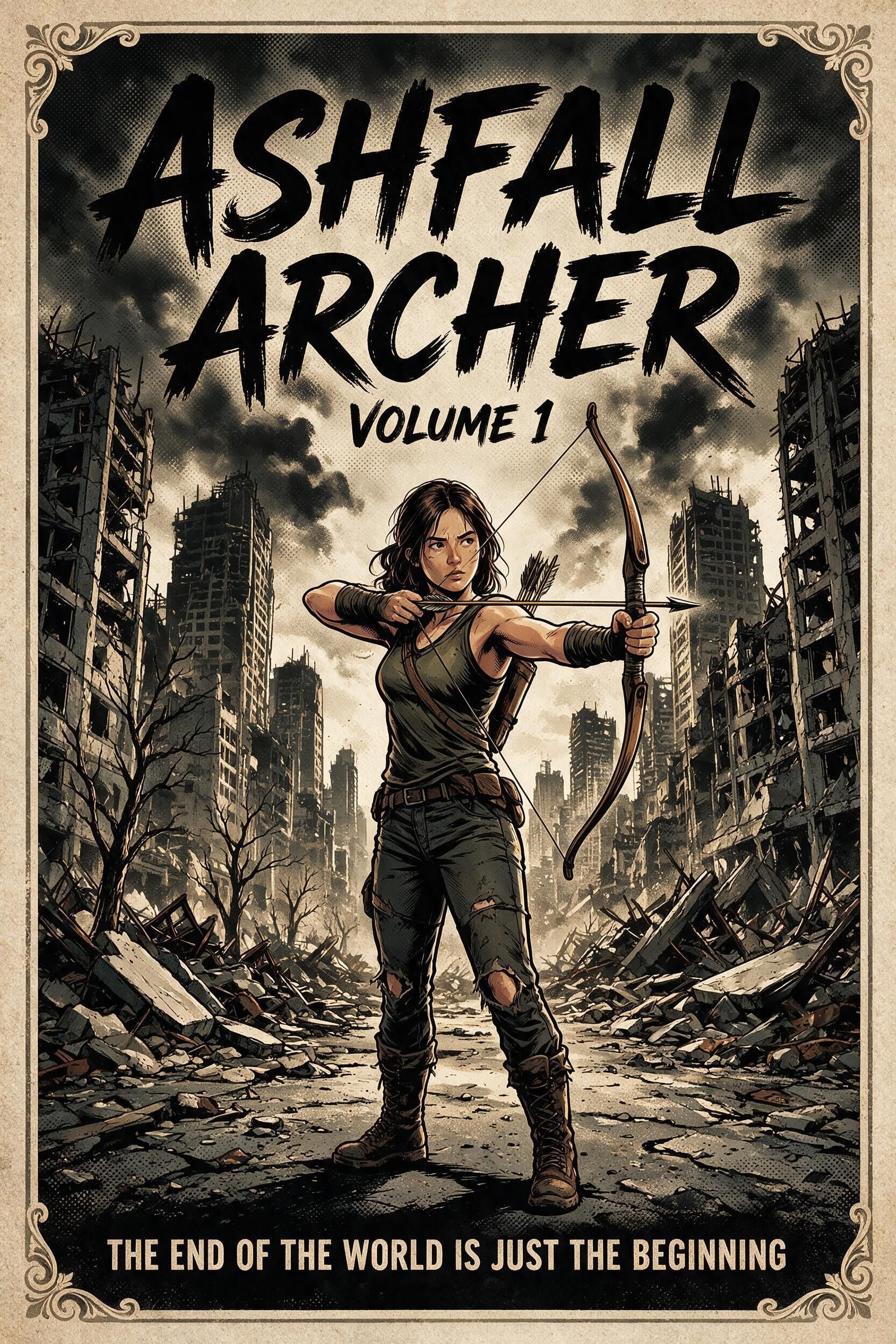 A female archer aiming a bow in a ruined post-apocalyptic city