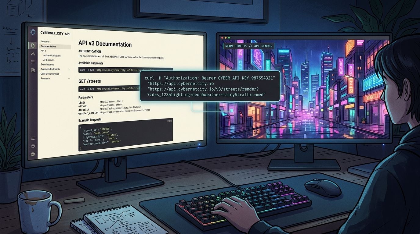 Split monitor illustration showing API documentation on left and rendered video frame on right connected by curl command