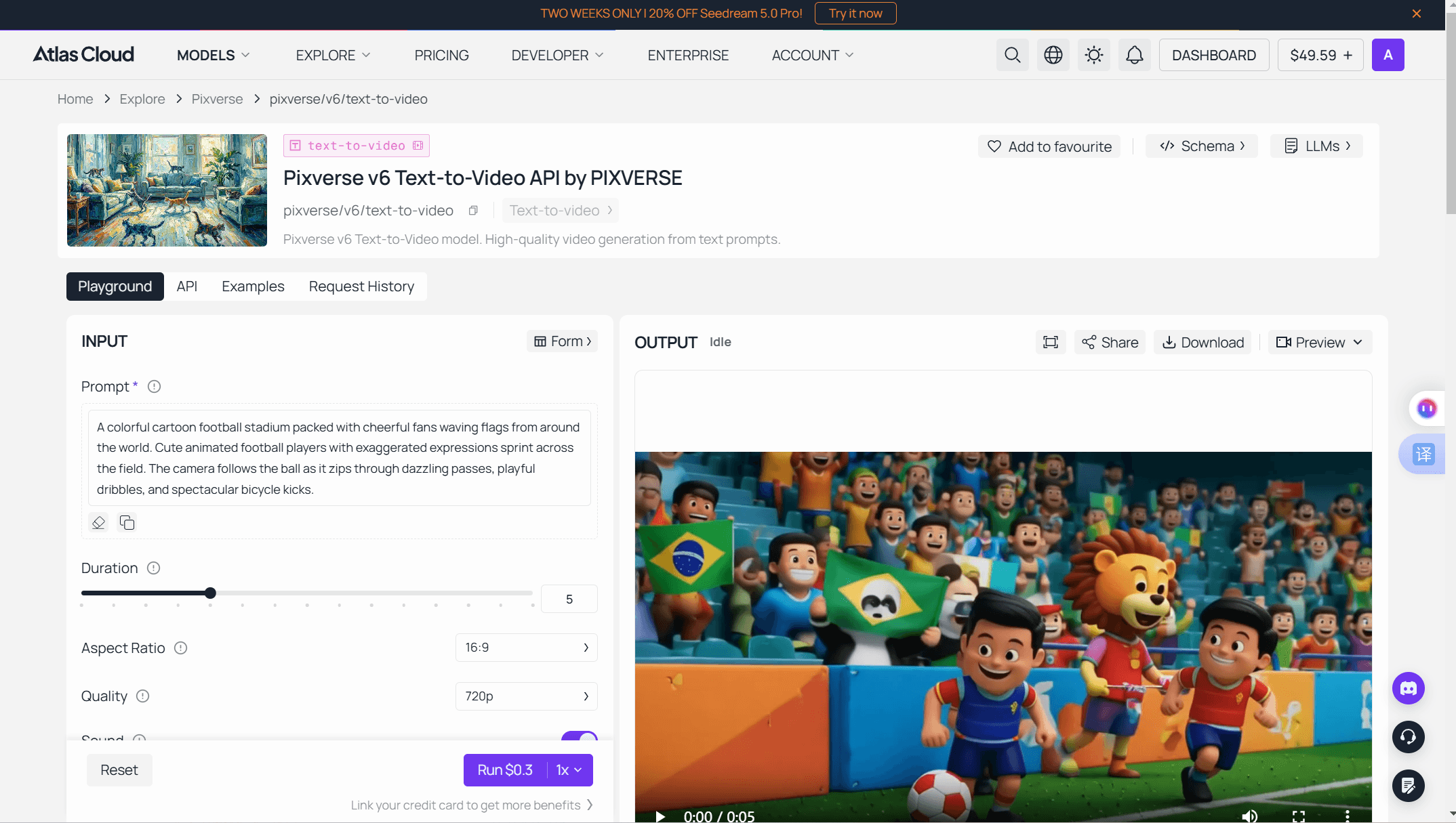 Screenshot of the Atlas Cloud PixVerse V6 text-to-video playground with a filled prompt, duration and quality selectors, the audio toggle, and the Run button quoting $0.3.