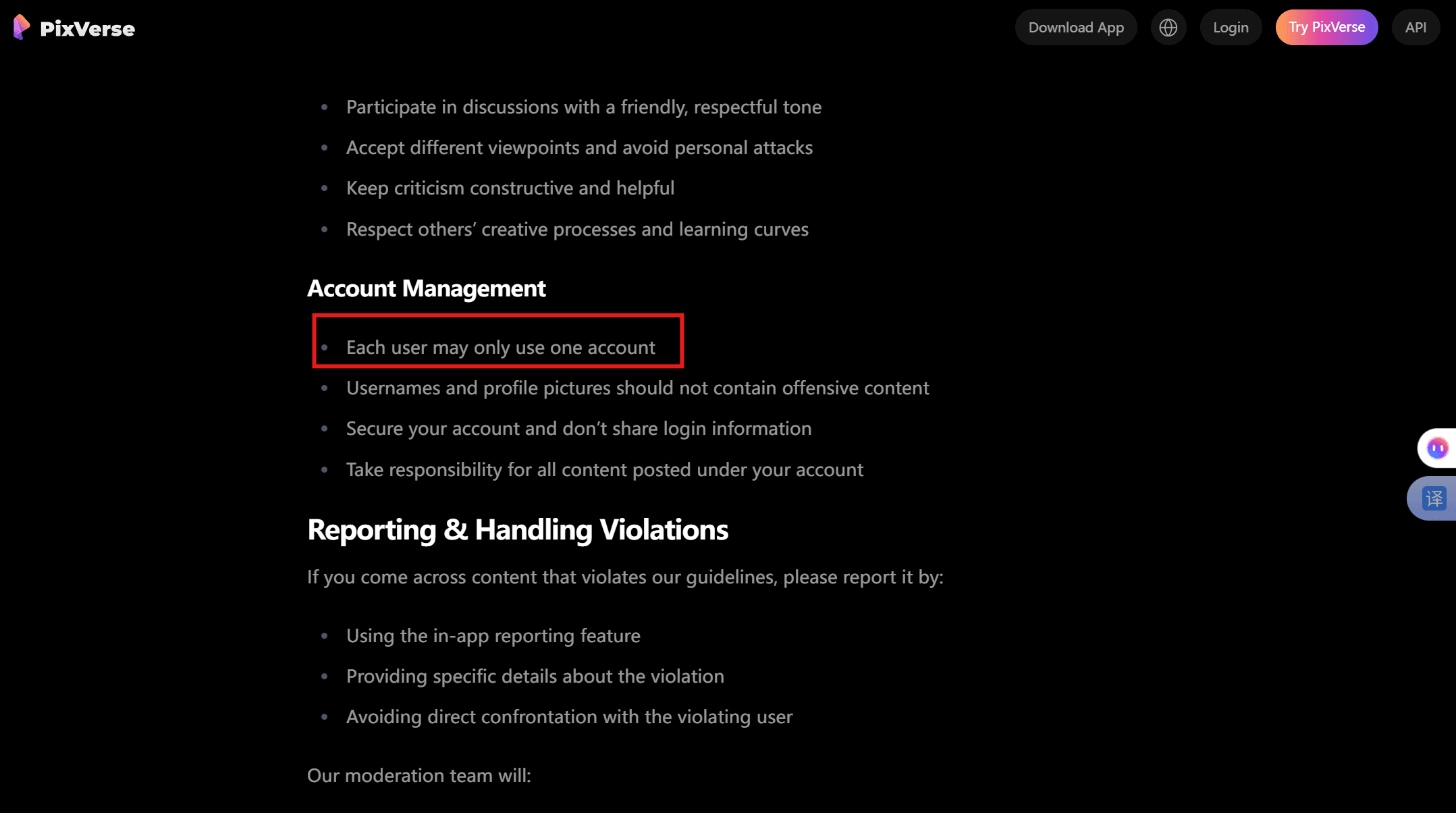 PixVerse Community Guidelines, Account Management section. Four bullet rules are listed: each user may only use one account; usernames and profile pictures should not contain offensive content; secure your account and don't share login information; take responsibility for all content posted under your account.